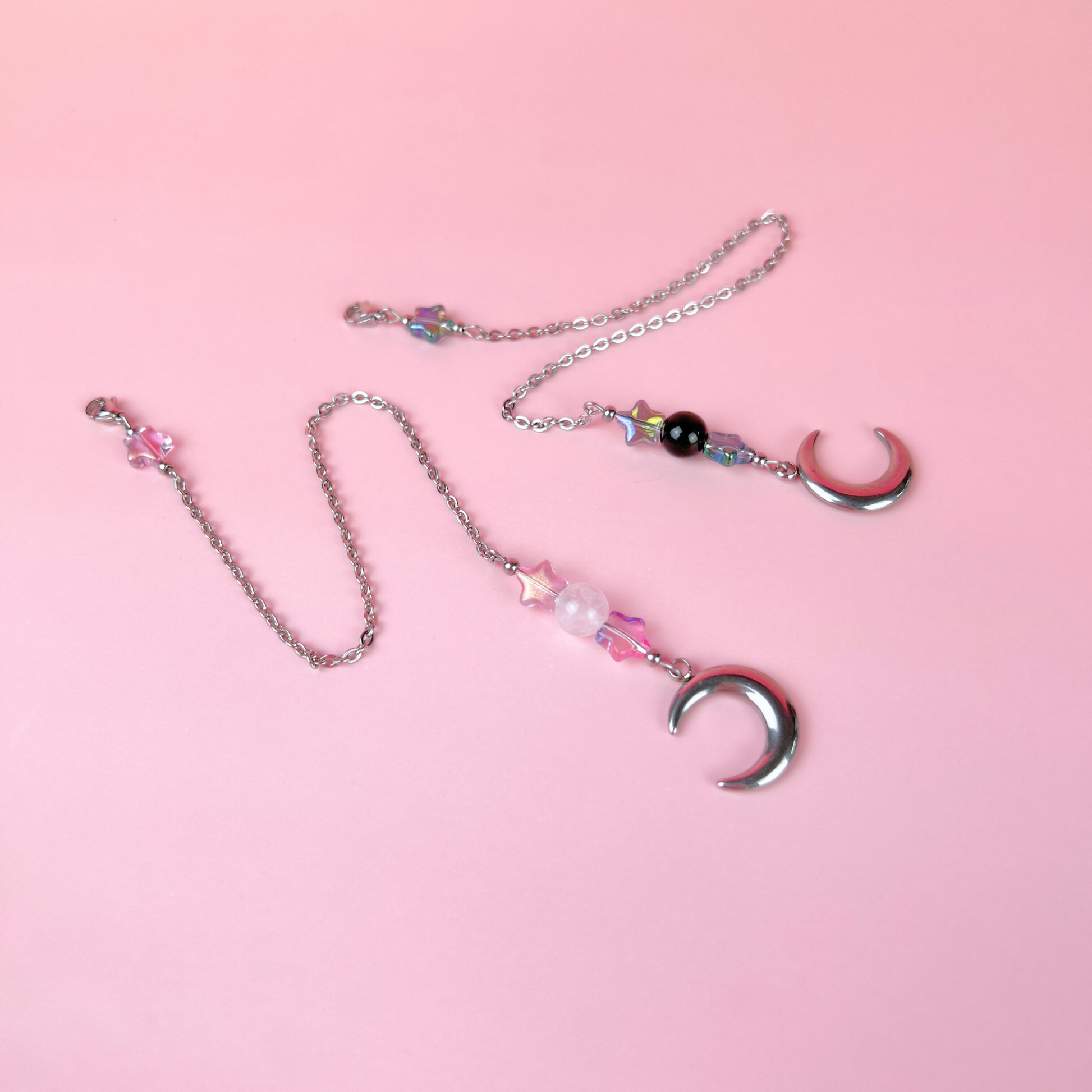 Cute pendulum chains, Stars, Rainbow Obsidian or Clear Quartz, Moon Crescent, stainless steel Baguette Magick