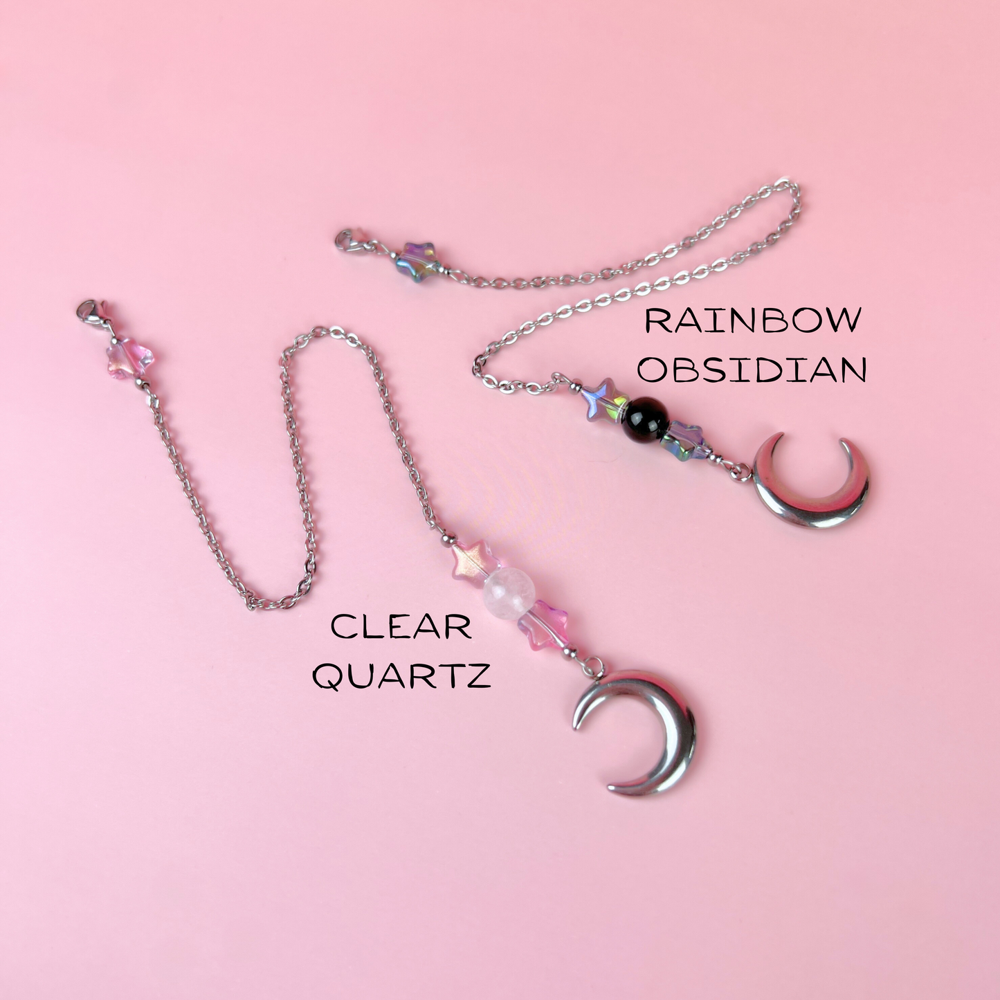 Cute pendulum chains, Stars, Rainbow Obsidian or Clear Quartz, Moon Crescent, stainless steel Baguette Magick