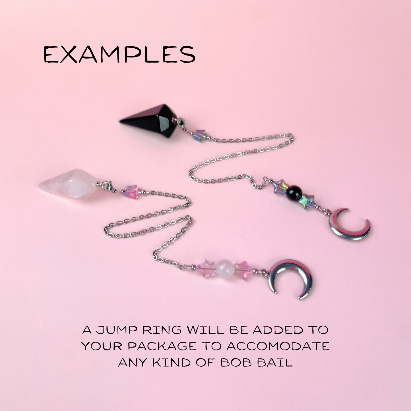 Cute pendulum chains, Stars, Rainbow Obsidian or Clear Quartz, Moon Crescent, stainless steel Baguette Magick