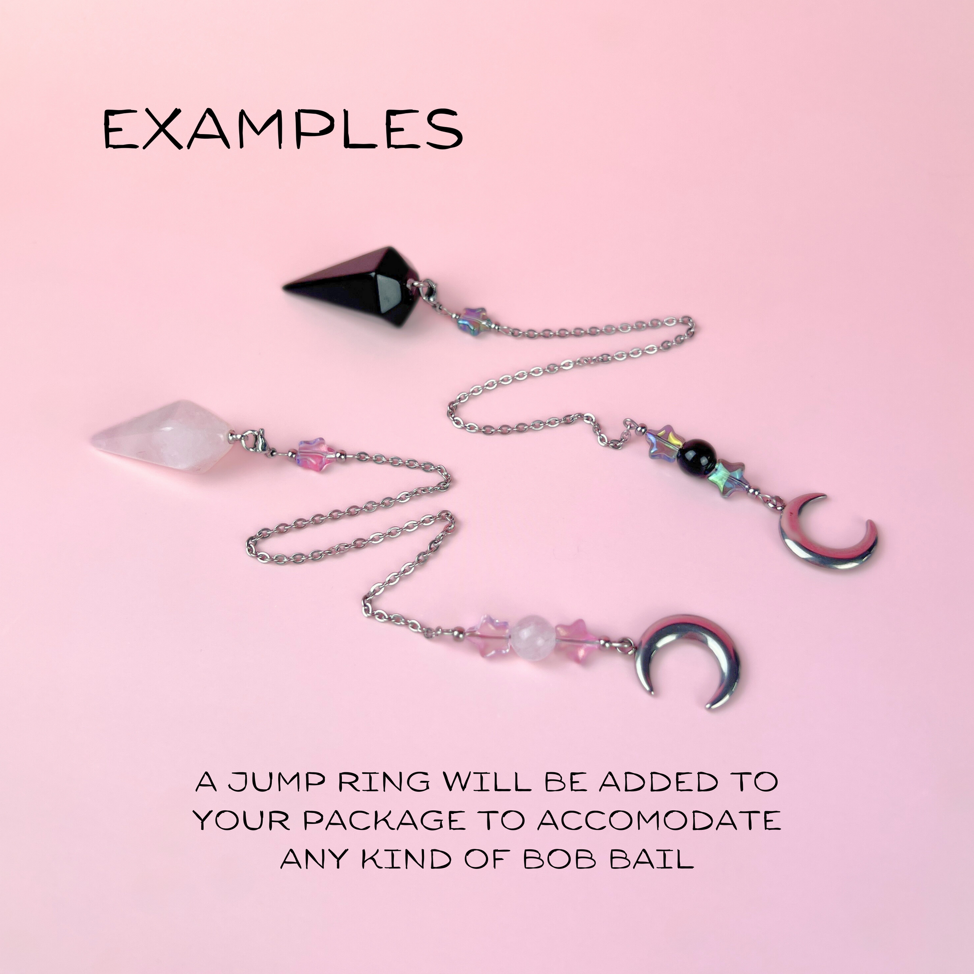 Cute pendulum chains, Stars, Rainbow Obsidian or Clear Quartz, Moon Crescent, stainless steel Baguette Magick