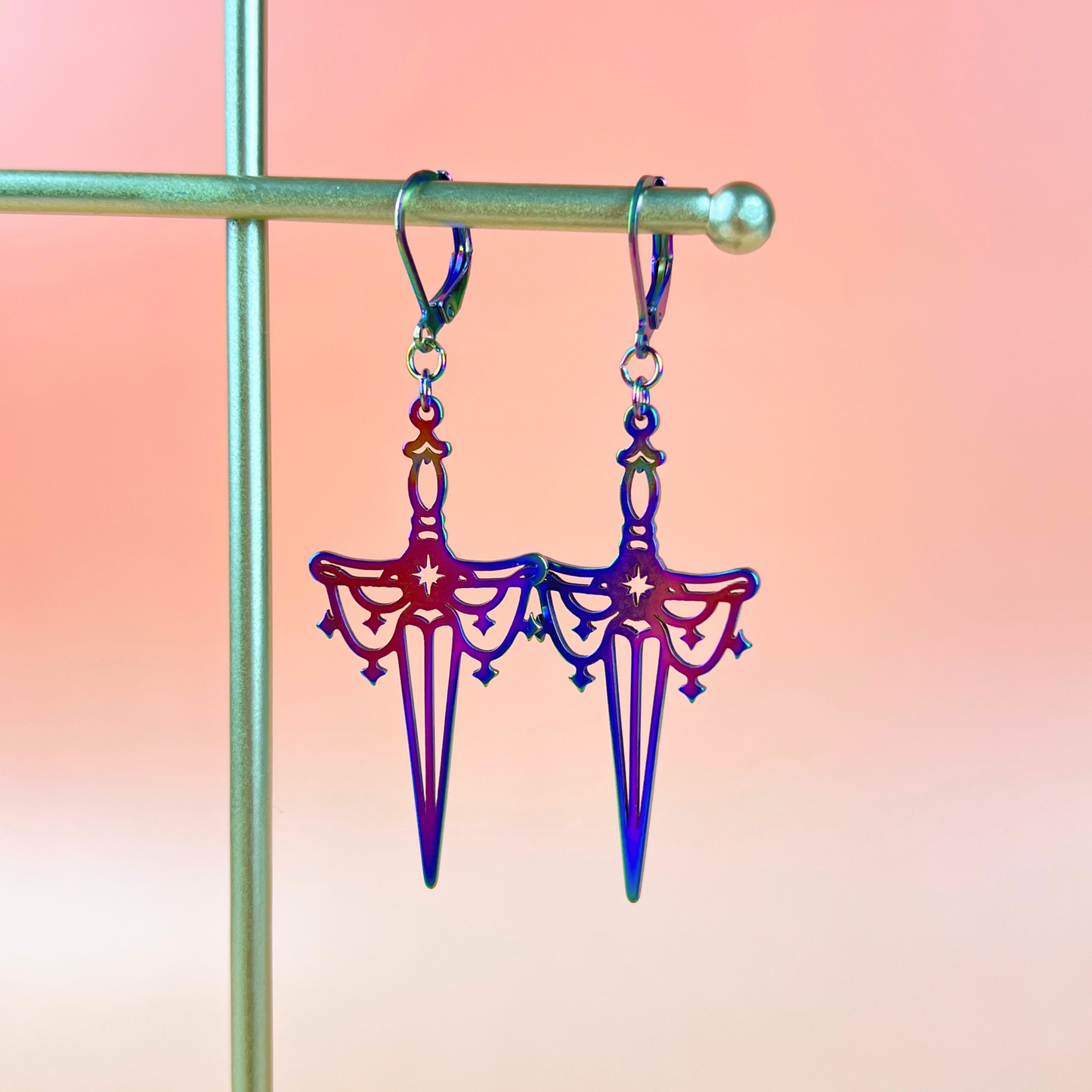 Athame dagger earrings, rainbow stainless steel Baguette Magick