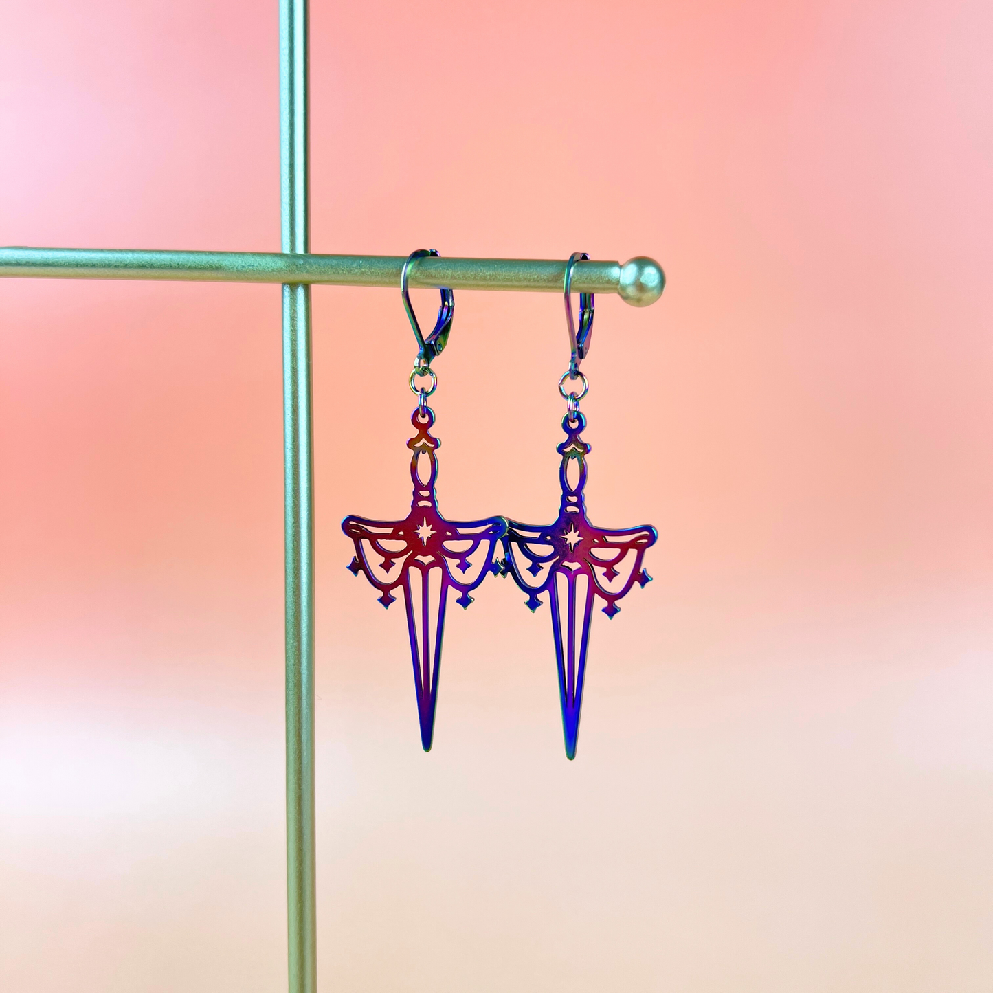 Athame dagger earrings, rainbow stainless steel Baguette Magick
