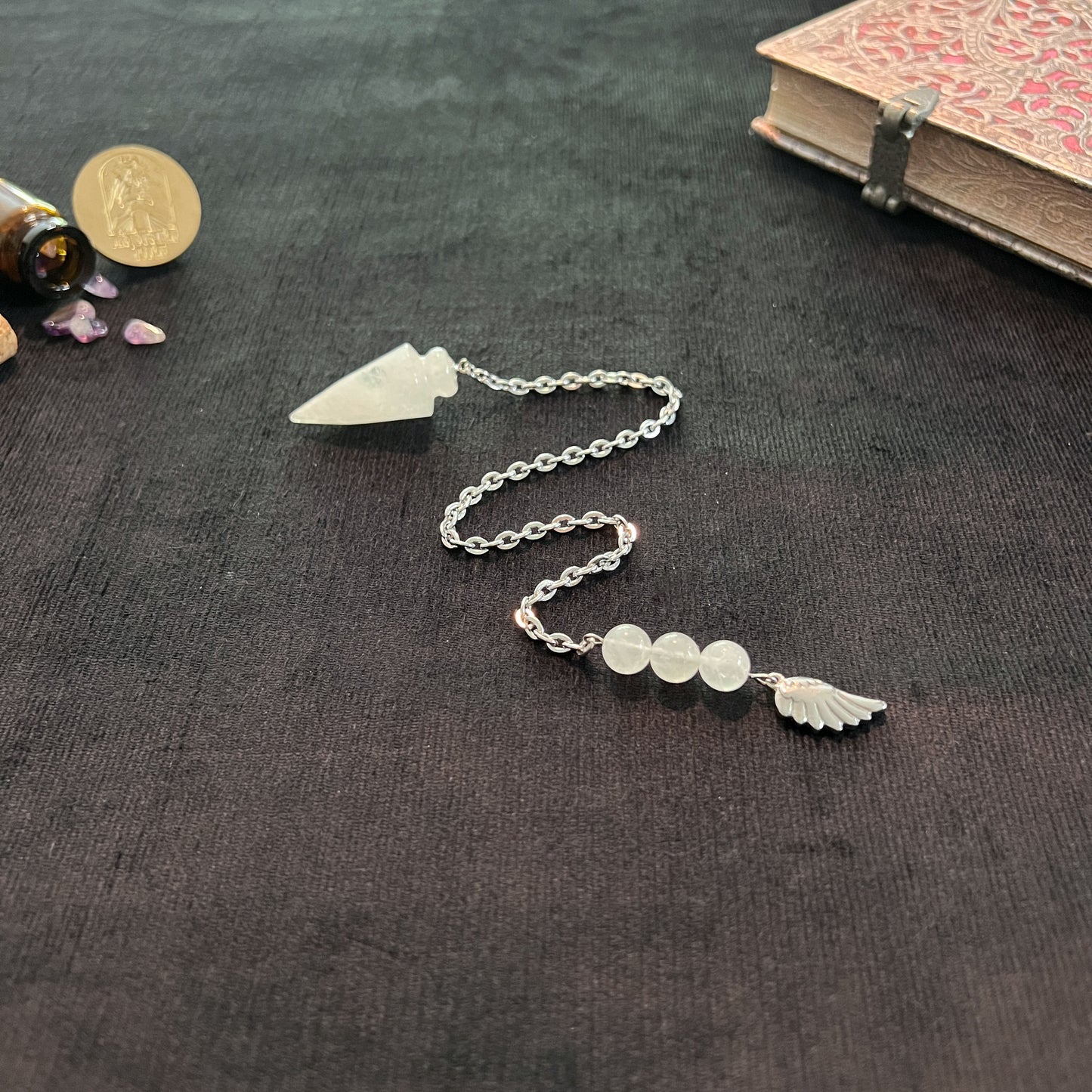 divination gemstone quartz pendulum wing and beads witchcraft altar tool for occult witch