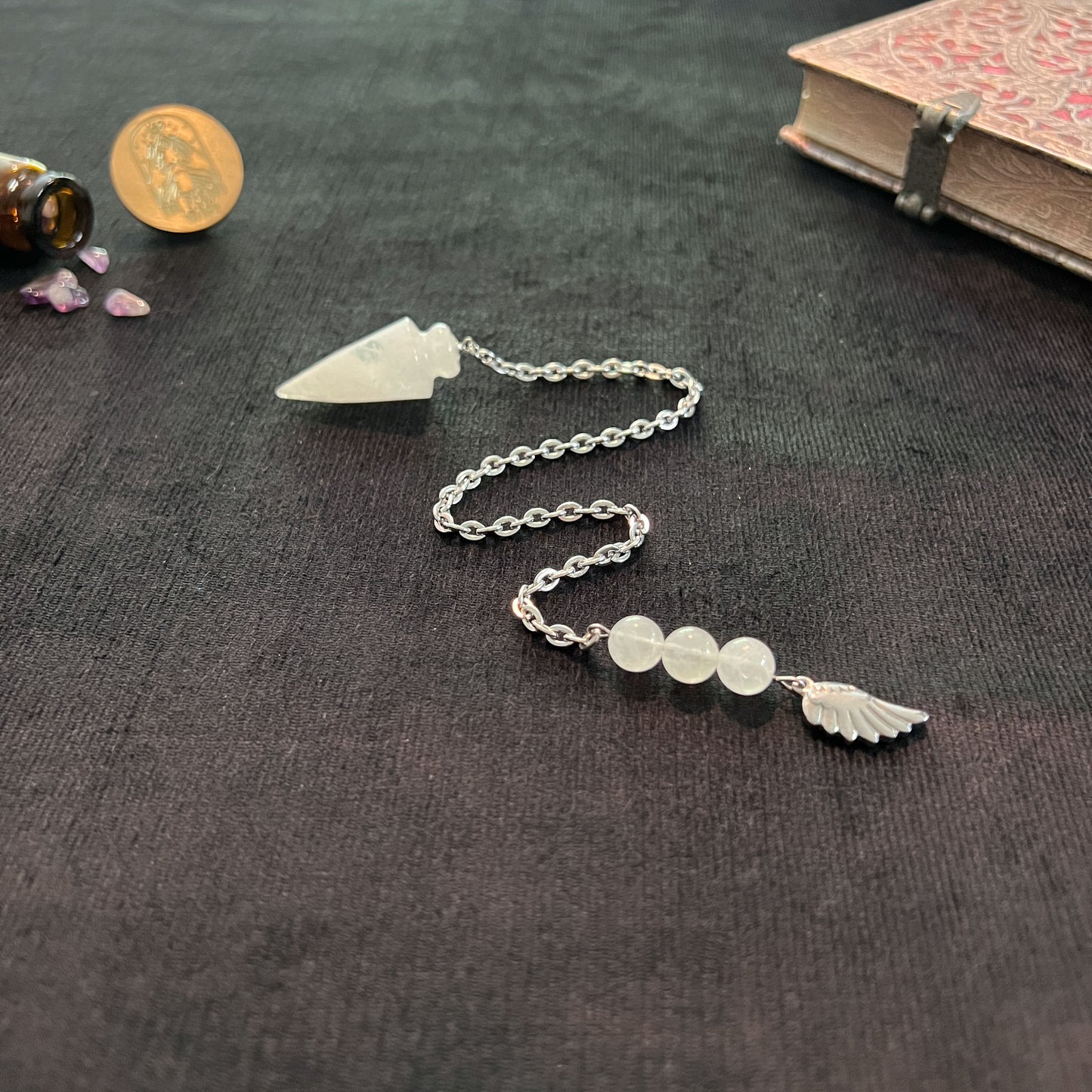 divination gemstone quartz pendulum wing and beads witchcraft altar tool for occult witch