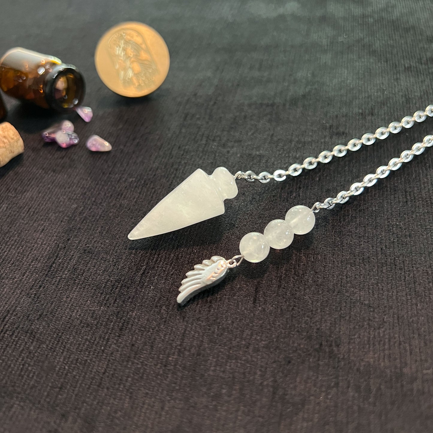 divination gemstone quartz pendulum wing and beads witchcraft altar tool for occult witch