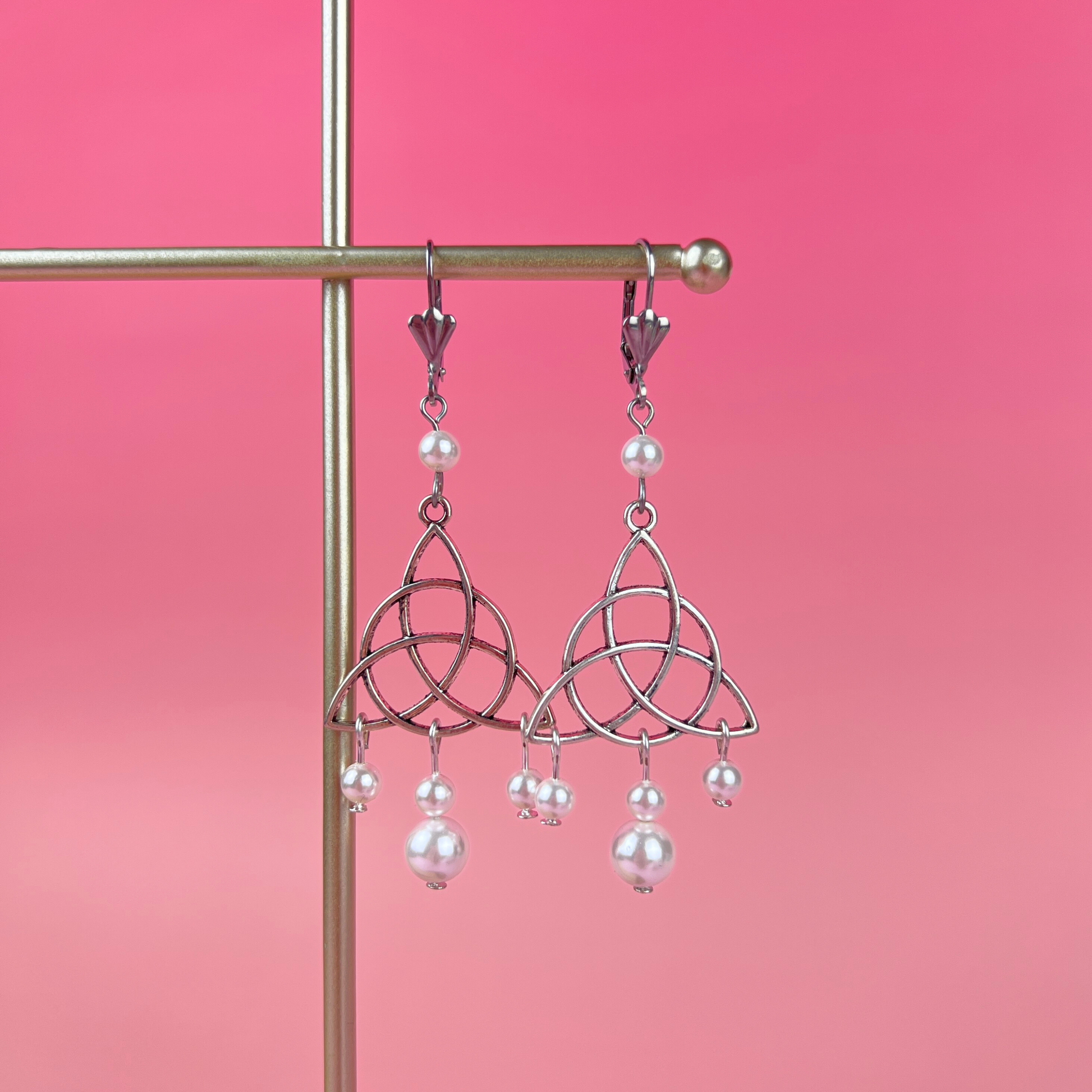 Victorian Edwardian triquetra and pearls teardrop earrings Baguette Magick