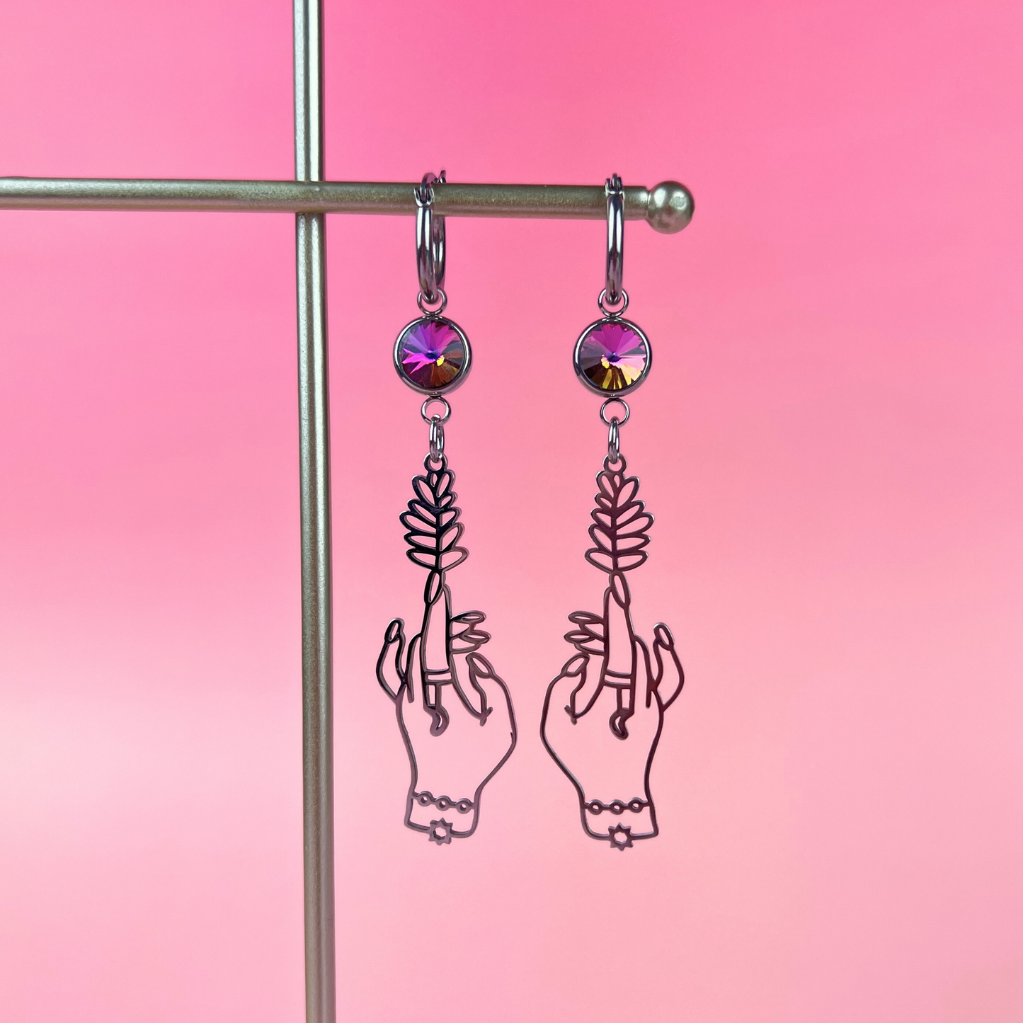 Witch hands earrings with colorful rhinestones made of stainless steel Baguette Magick