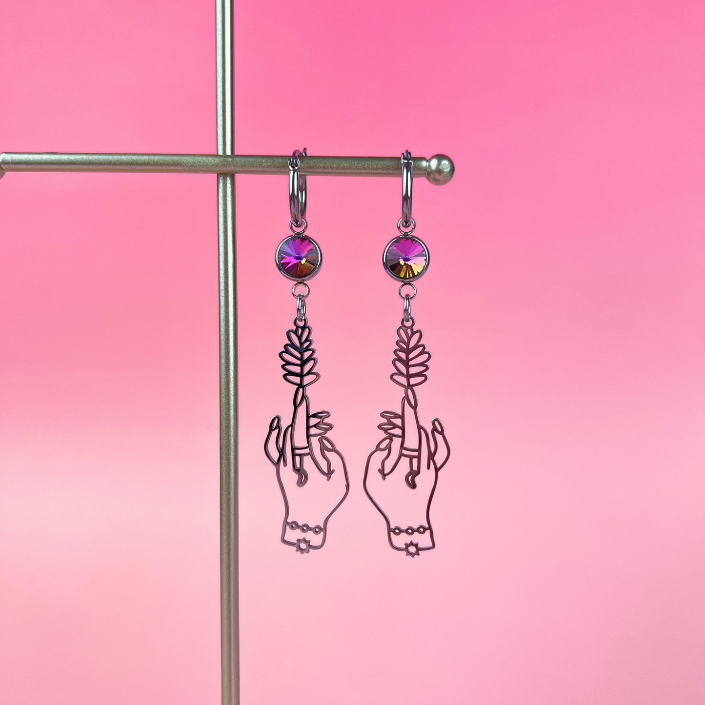 Witch hands earrings with colorful rhinestones made of stainless steel Baguette Magick