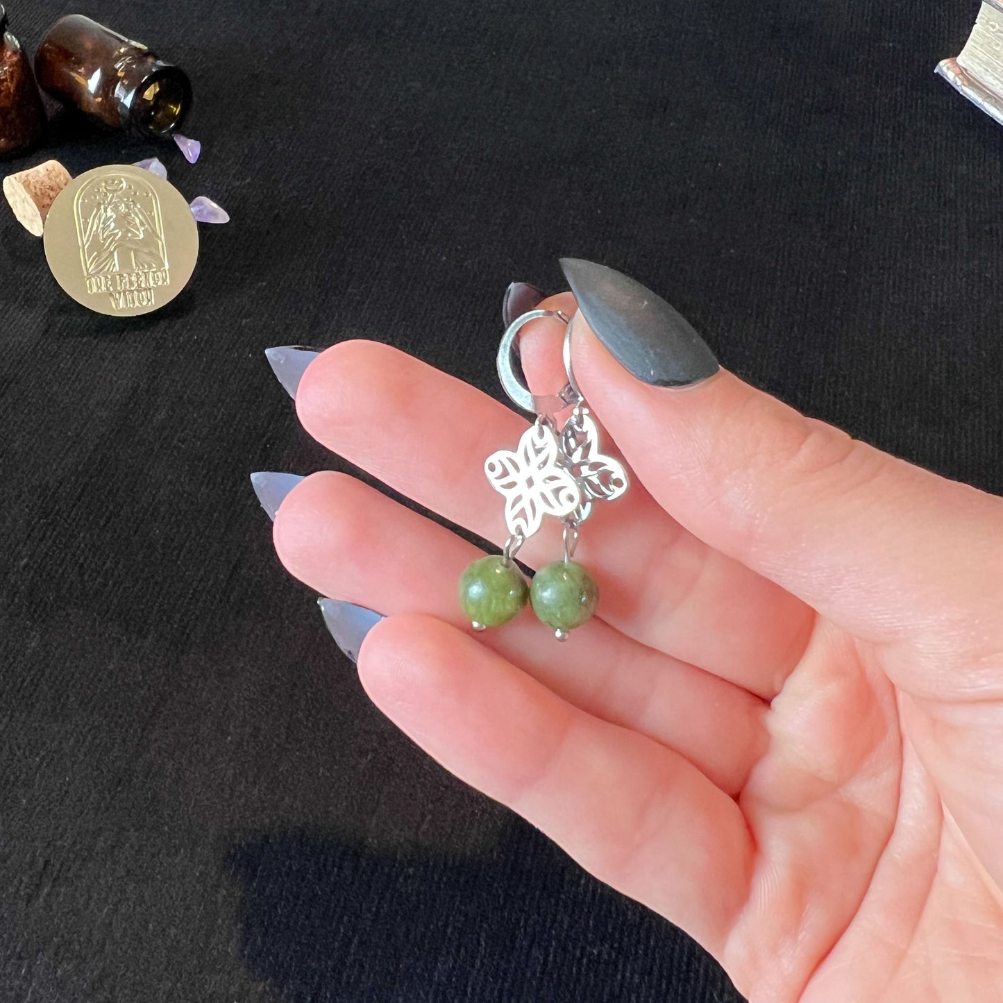 art deco green jade stainless steel earrings elegant dainty gemstone jewelry for her floral mandala charm