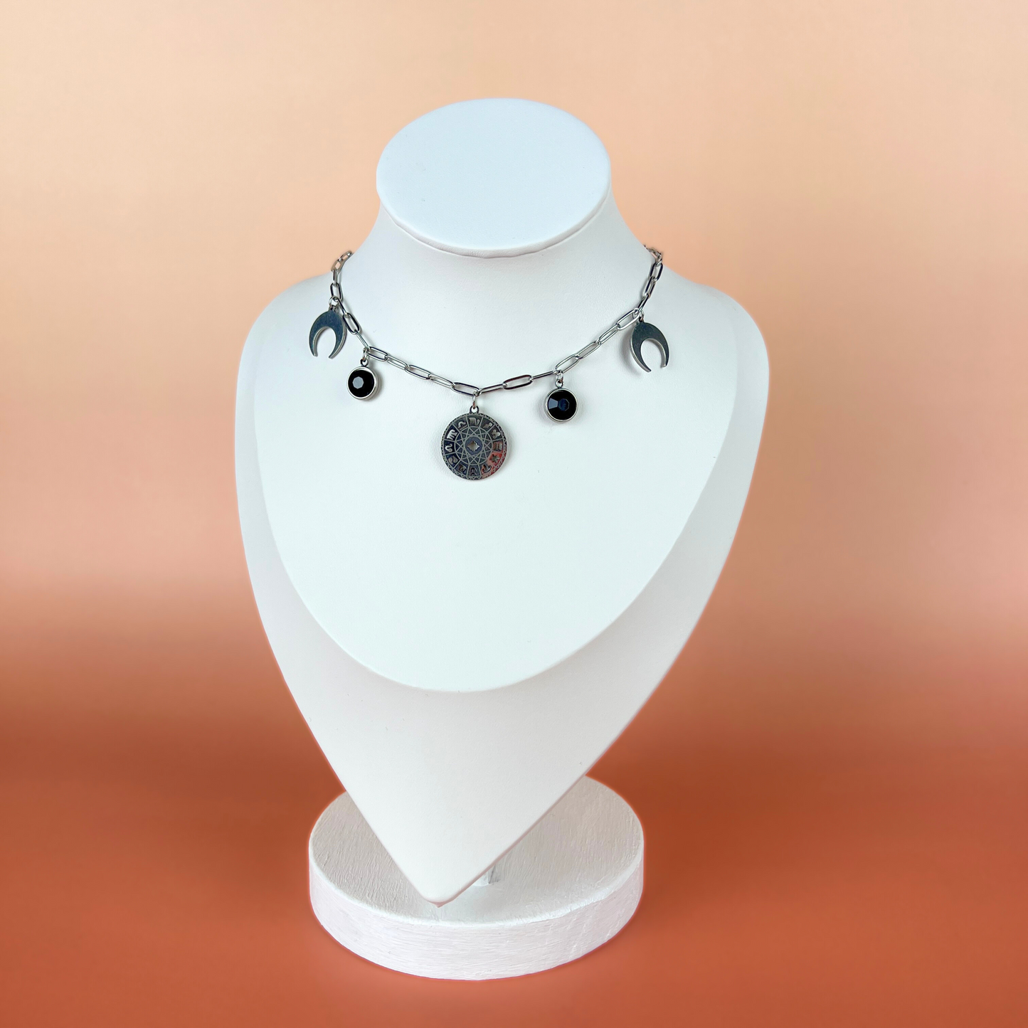 Zodiac wheel paper clip chain choker, stainless steel and black rhinestones Baguette Magick