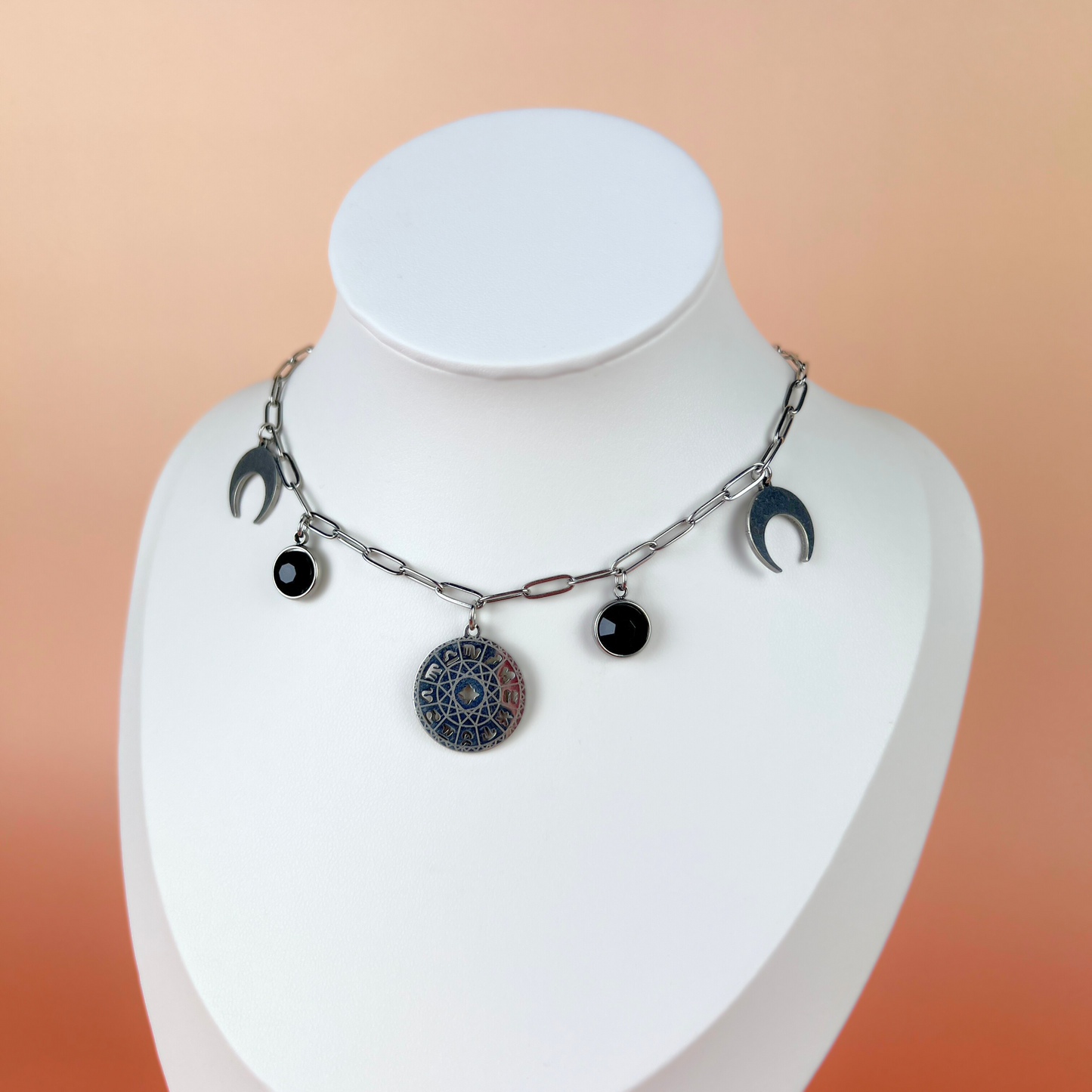 Zodiac wheel paper clip chain choker, stainless steel and black rhinestones Baguette Magick