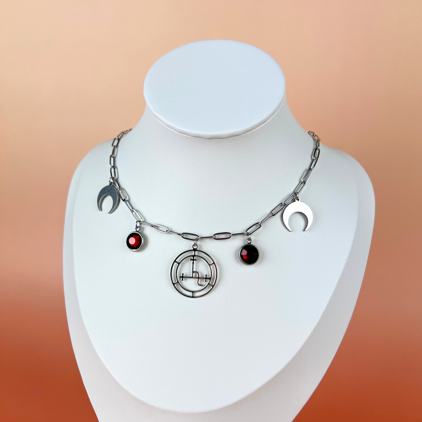Lilith sigil paper clip chain choker, stainless steel and red rhinestones Baguette Magick