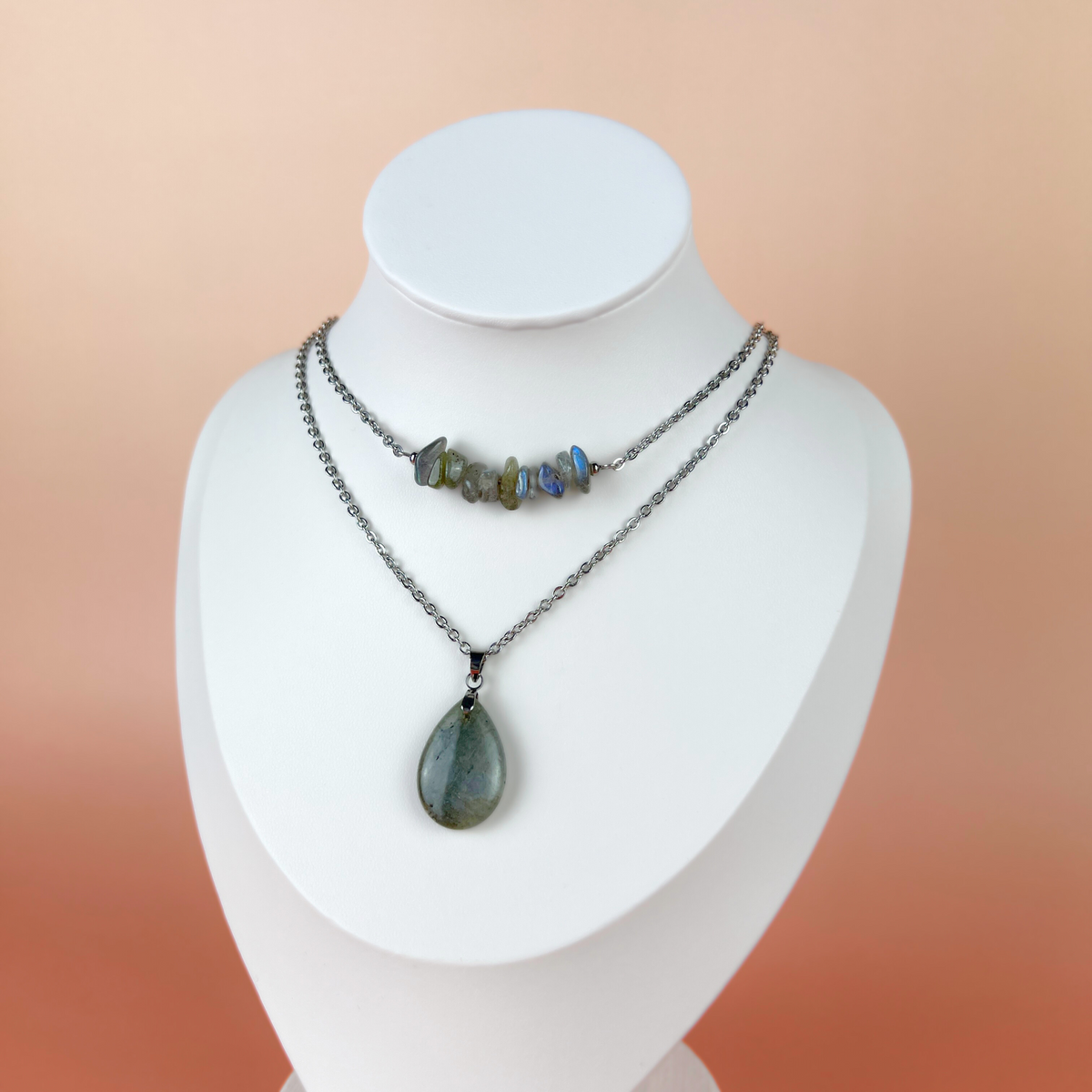 Set of two labradorite layered necklaces in stainless steel Baguette Magick