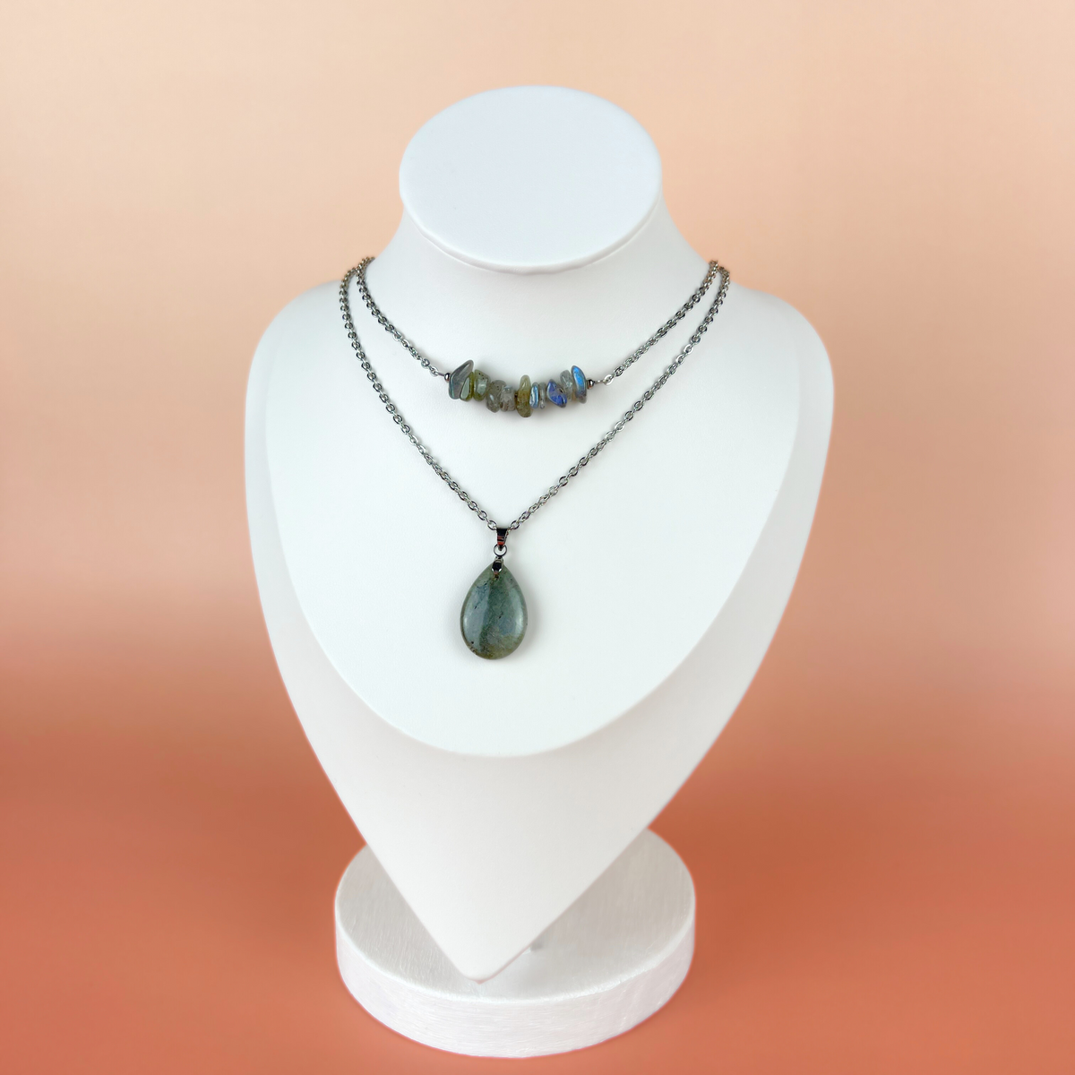 Set of two labradorite layered necklaces in stainless steel Baguette Magick