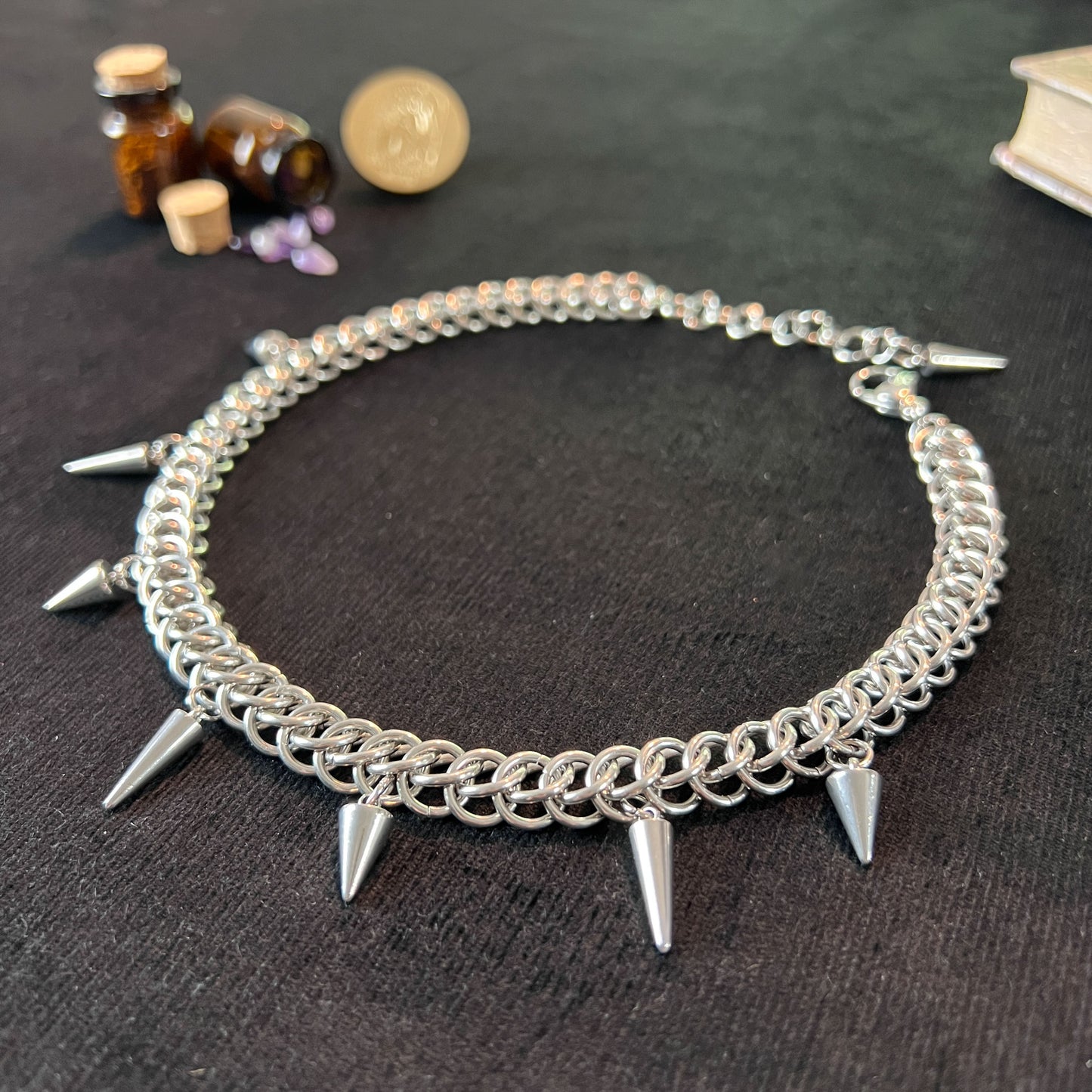 Half Persian chainmail choker with spikes, stainless steel gothic necklace Baguette Magick