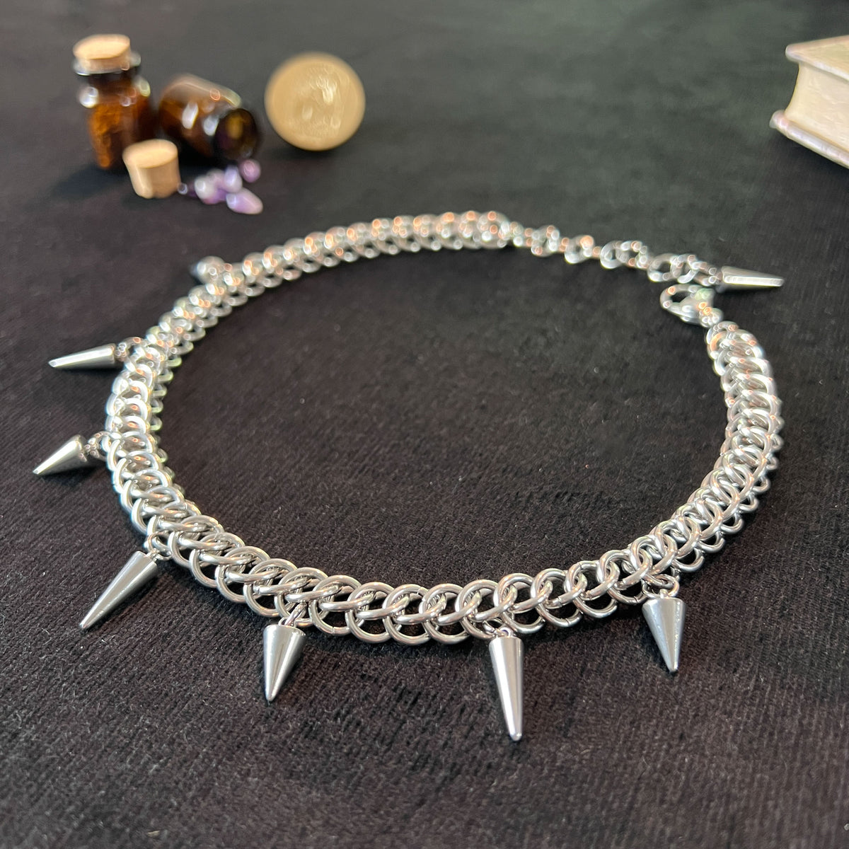 Half Persian chainmail choker with spikes, stainless steel gothic necklace Baguette Magick