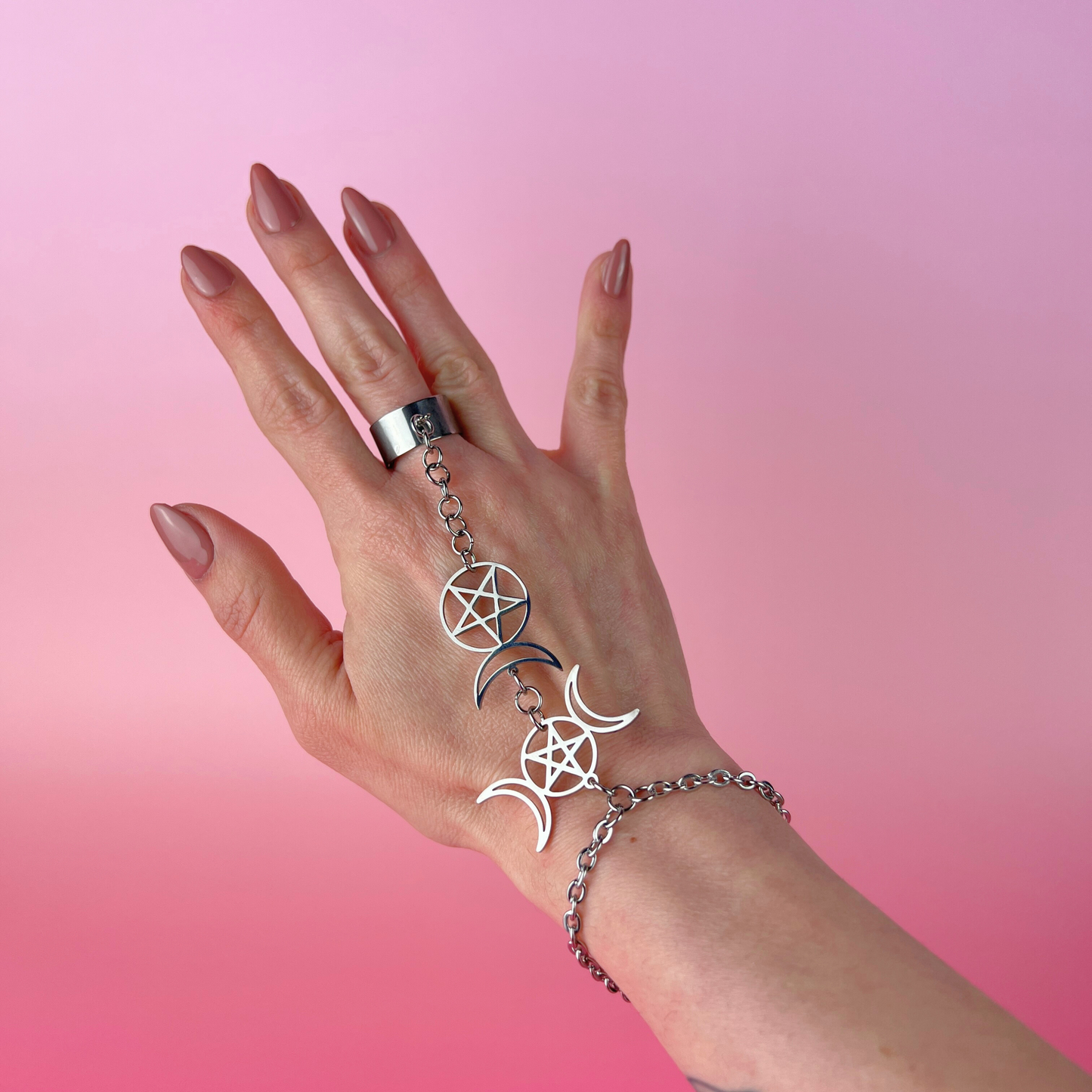 Triple Moon and Horned God ring bracelet, stainless steel Baguette Magick