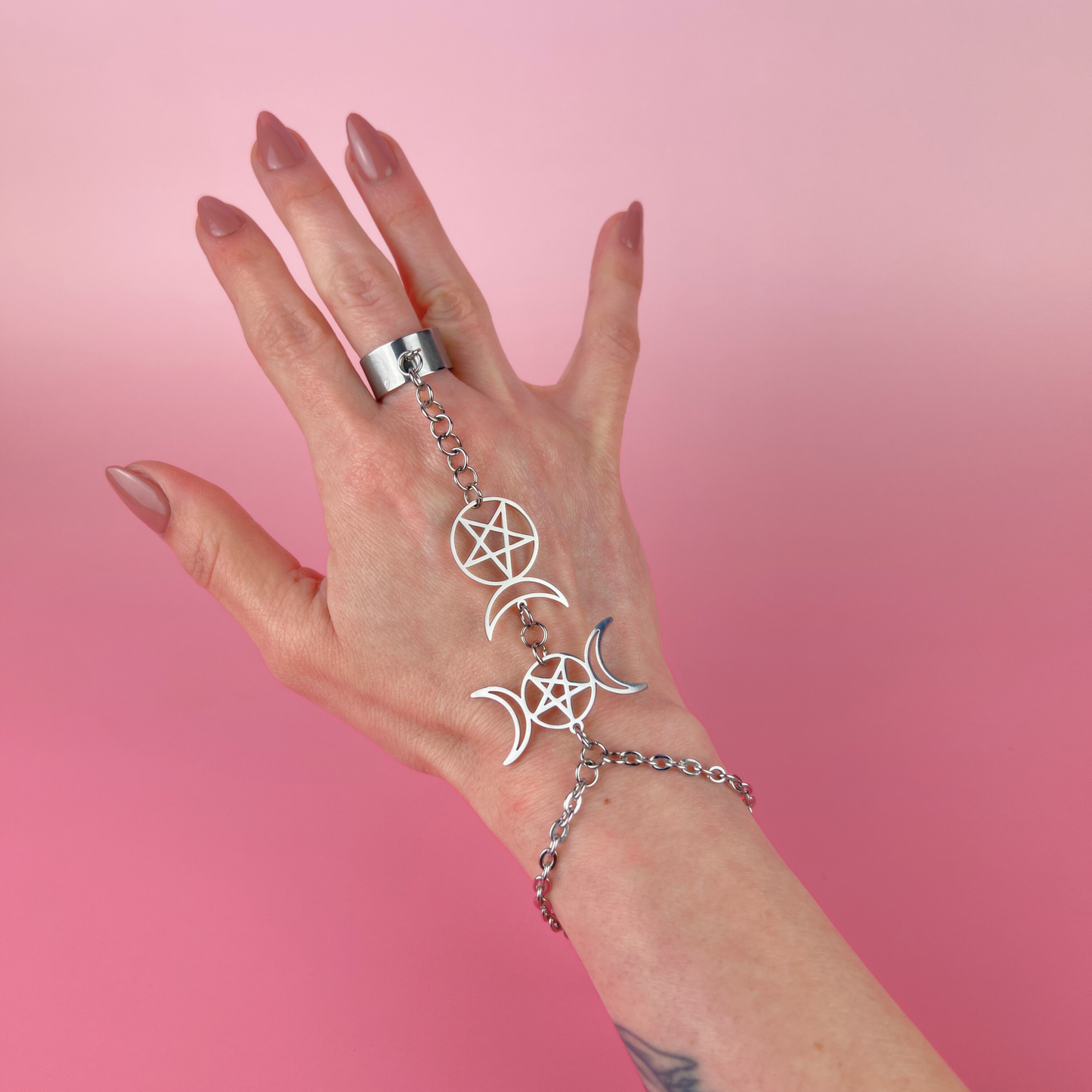 Triple Moon and Horned God ring bracelet, stainless steel Baguette Magick