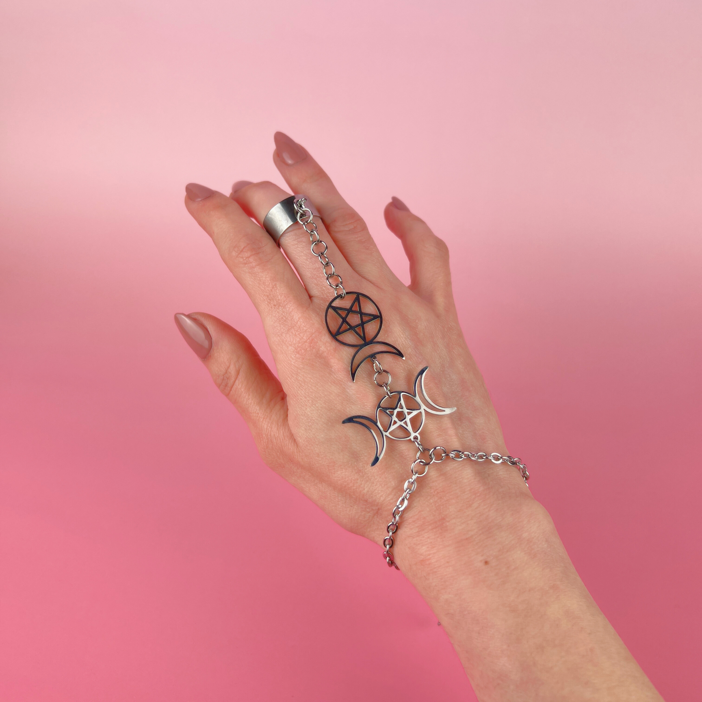 Triple Moon and Horned God ring bracelet, stainless steel Baguette Magick