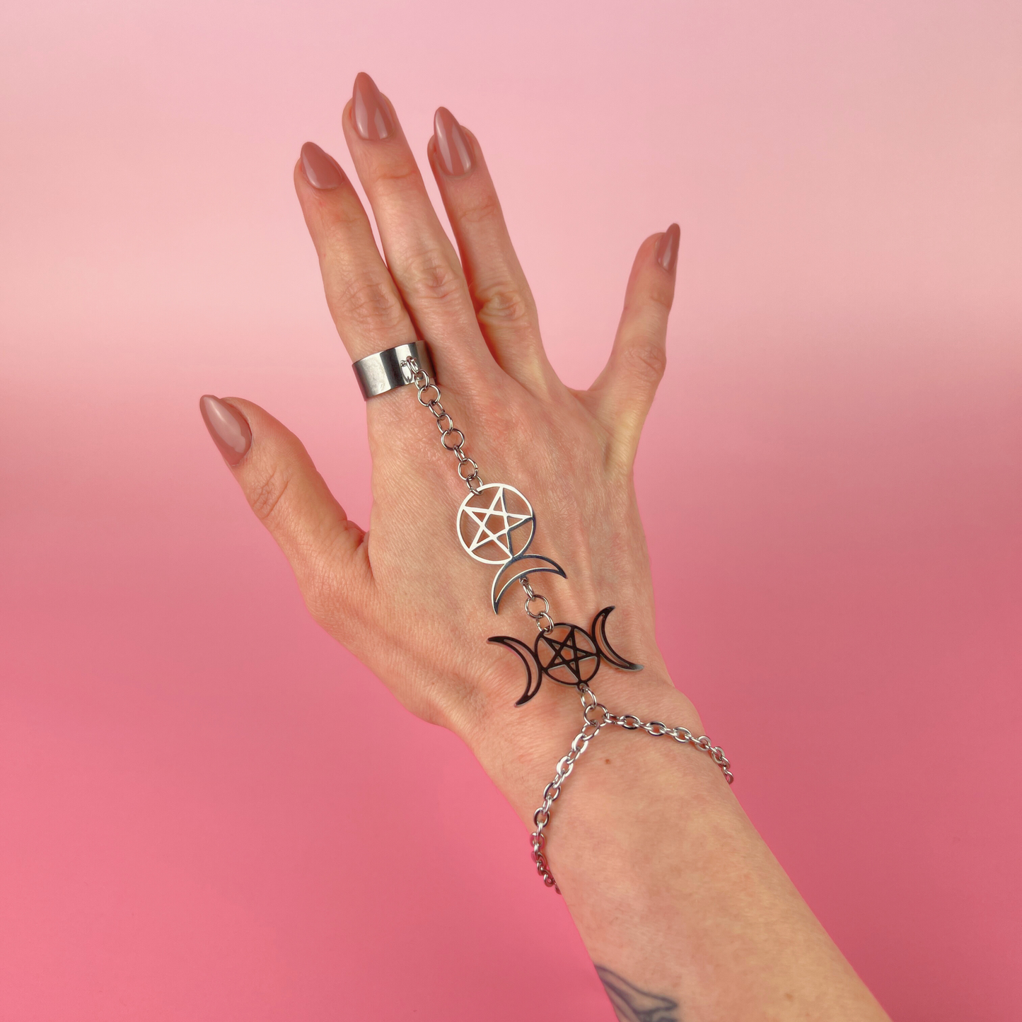 Triple Moon and Horned God ring bracelet, stainless steel Baguette Magick