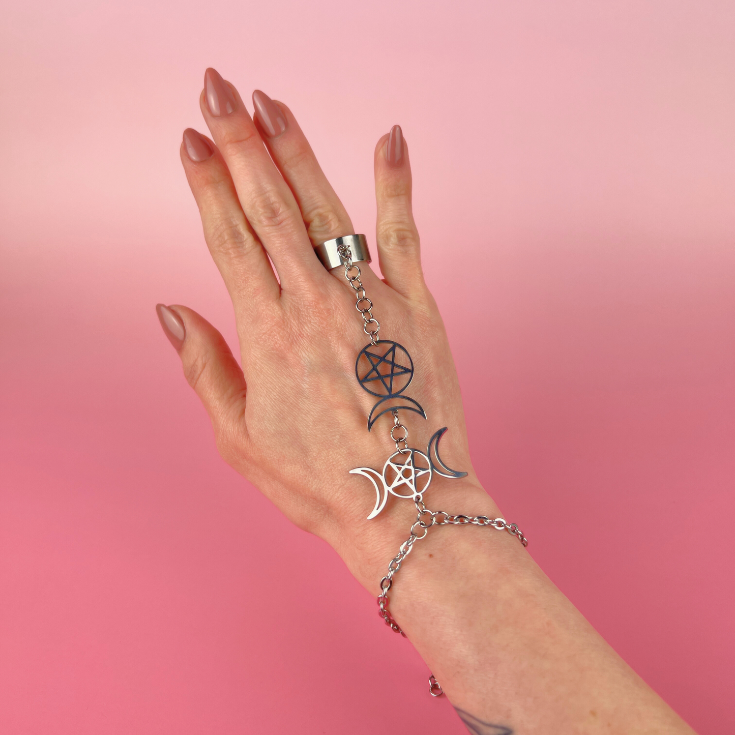 Triple Moon and Horned God ring bracelet, stainless steel Baguette Magick