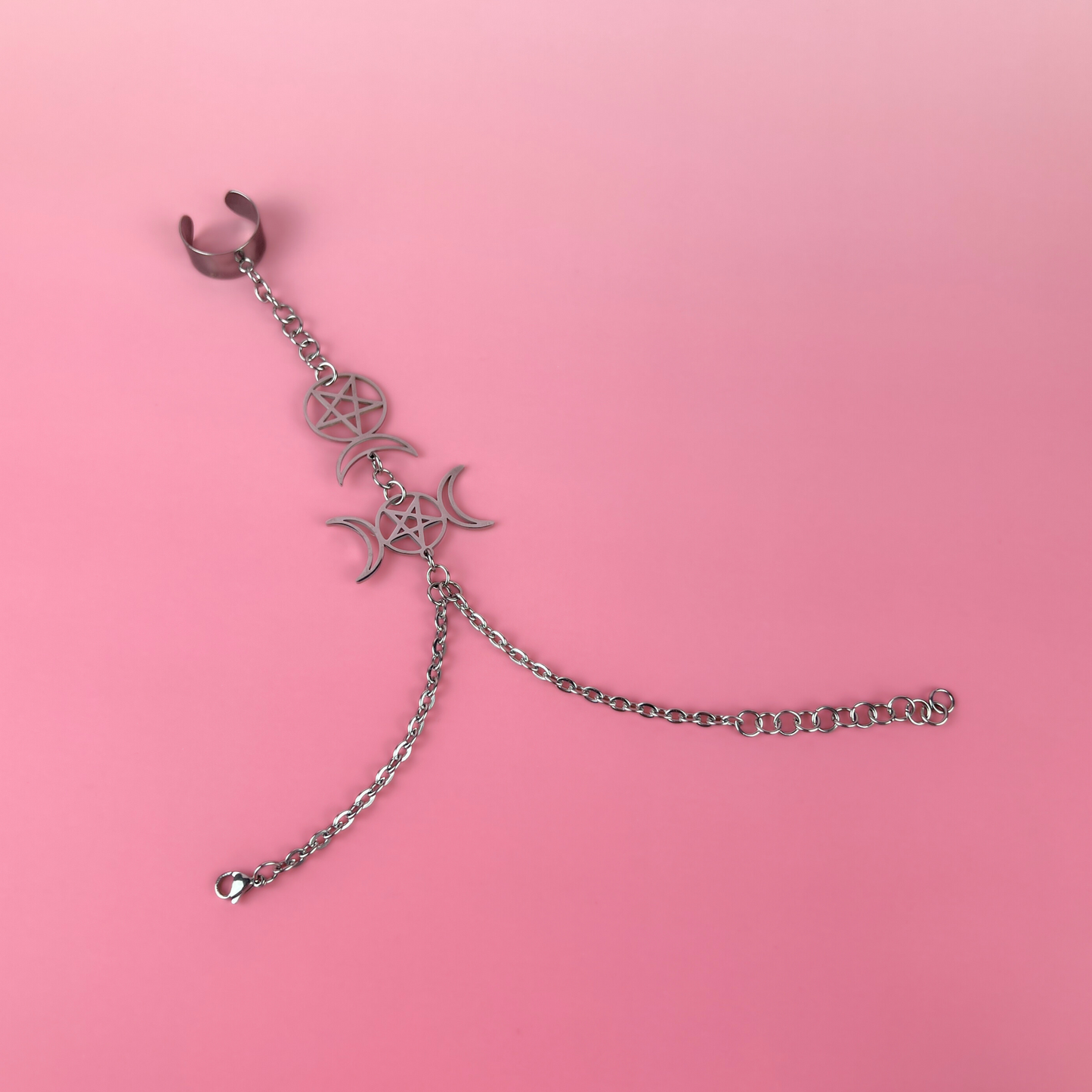Triple Moon and Horned God ring bracelet, stainless steel Baguette Magick