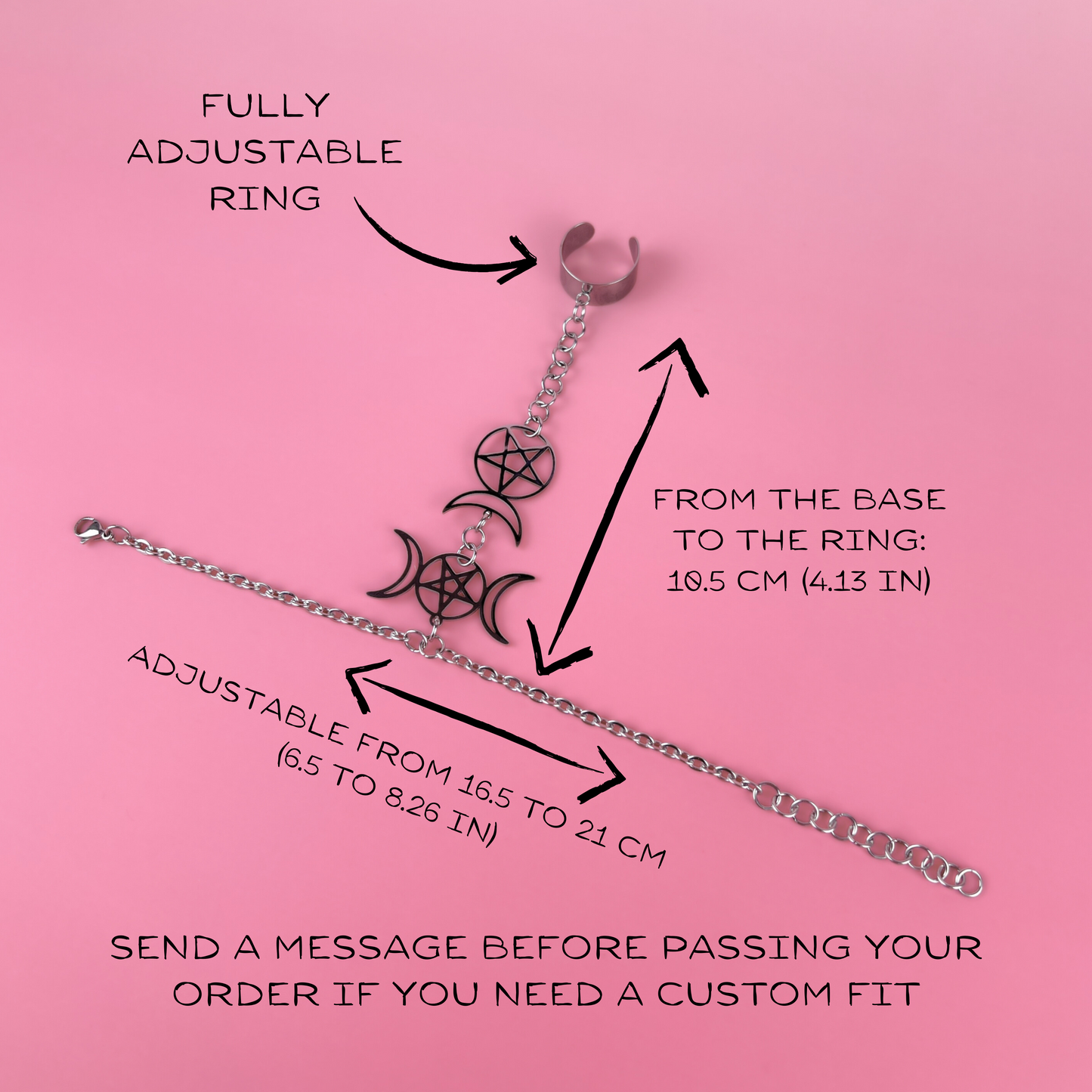 Triple Moon and Horned God ring bracelet, stainless steel Baguette Magick