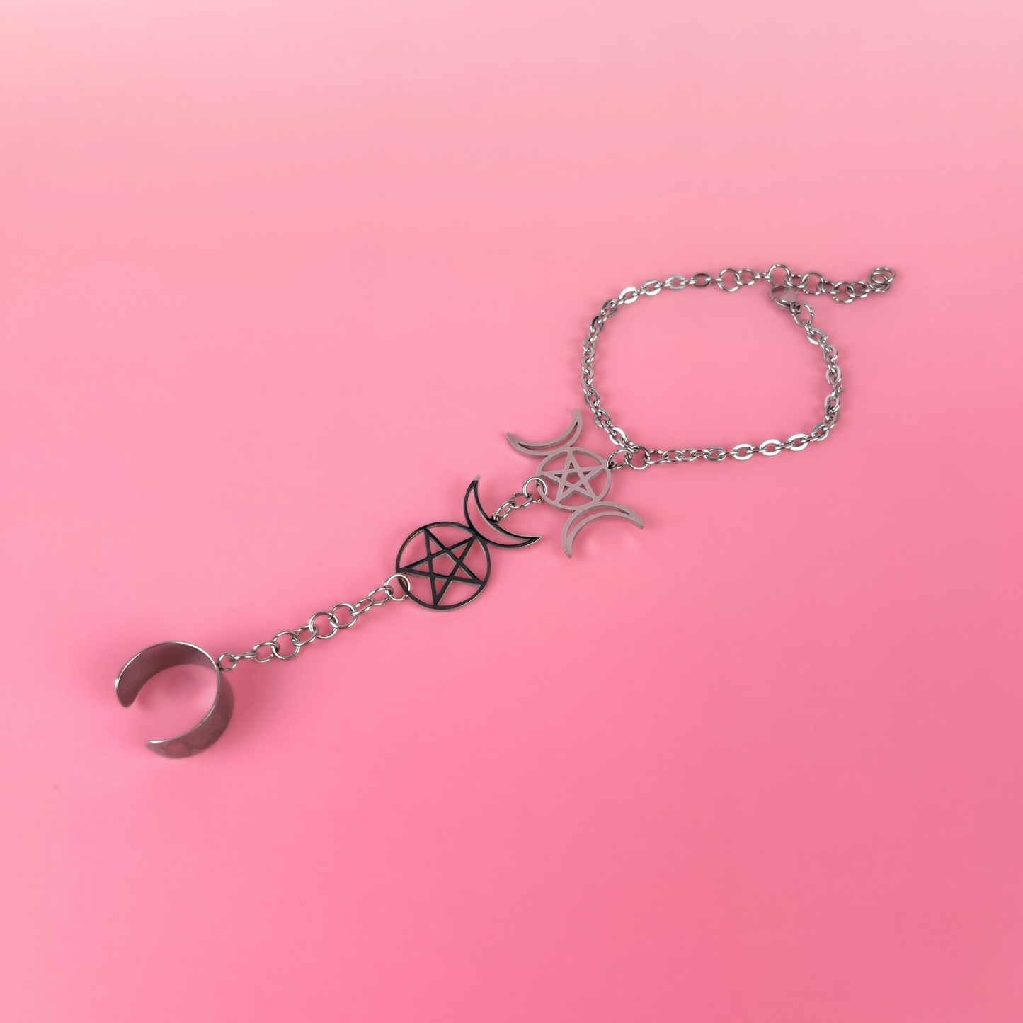 Triple Moon and Horned God ring bracelet, stainless steel Baguette Magick