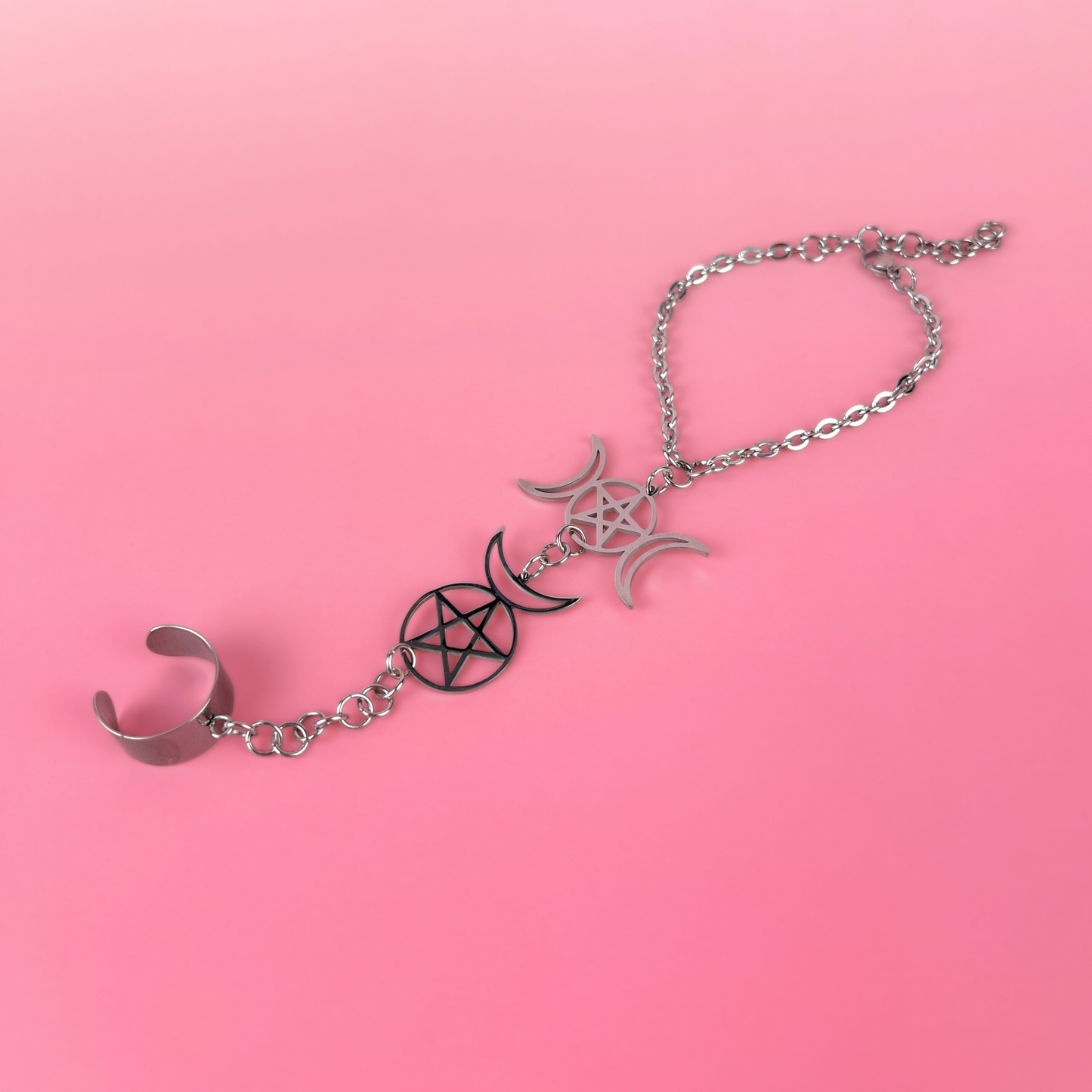 Triple Moon and Horned God ring bracelet, stainless steel Baguette Magick