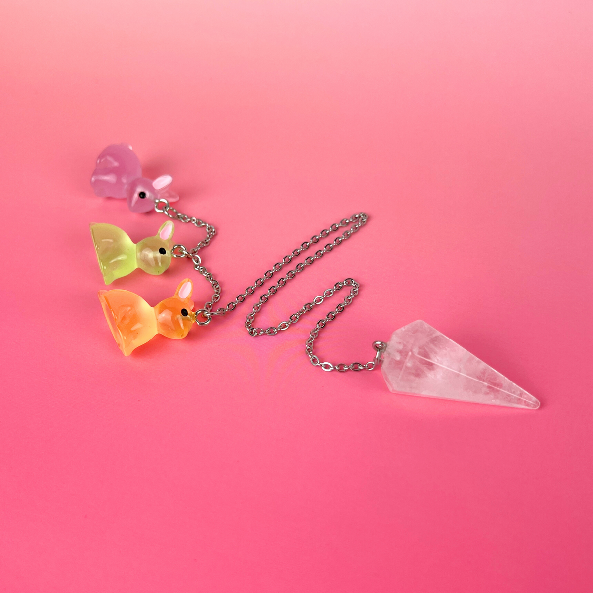 Easter bunnies clear quartz pendulum, stainless steel Baguette Magick