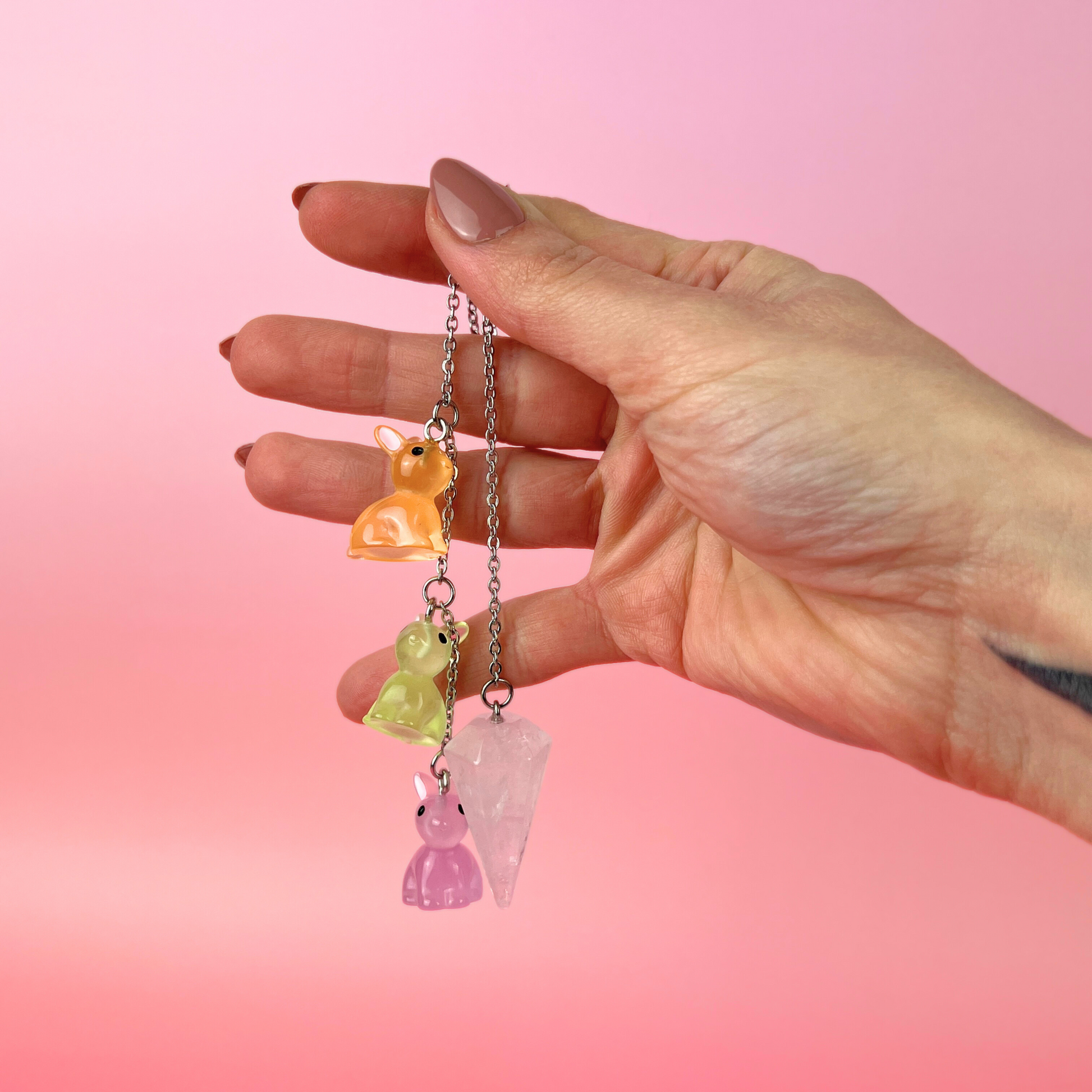 Easter bunnies clear quartz pendulum, stainless steel Baguette Magick