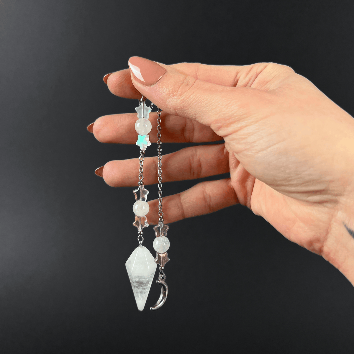 Quartz, stars and Moon cute dowsing pendulum, stainless steel Baguette Magick