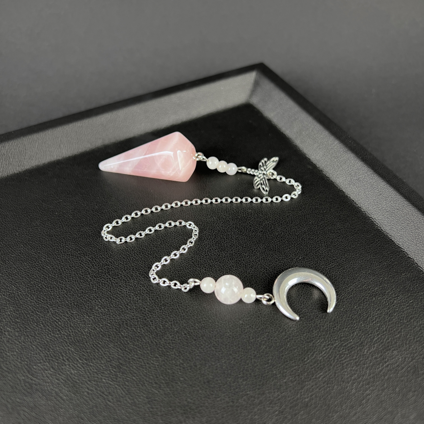 Rose quartz, stainless steel, Dragonfly and Moon crescent pendulum Baguette Magick