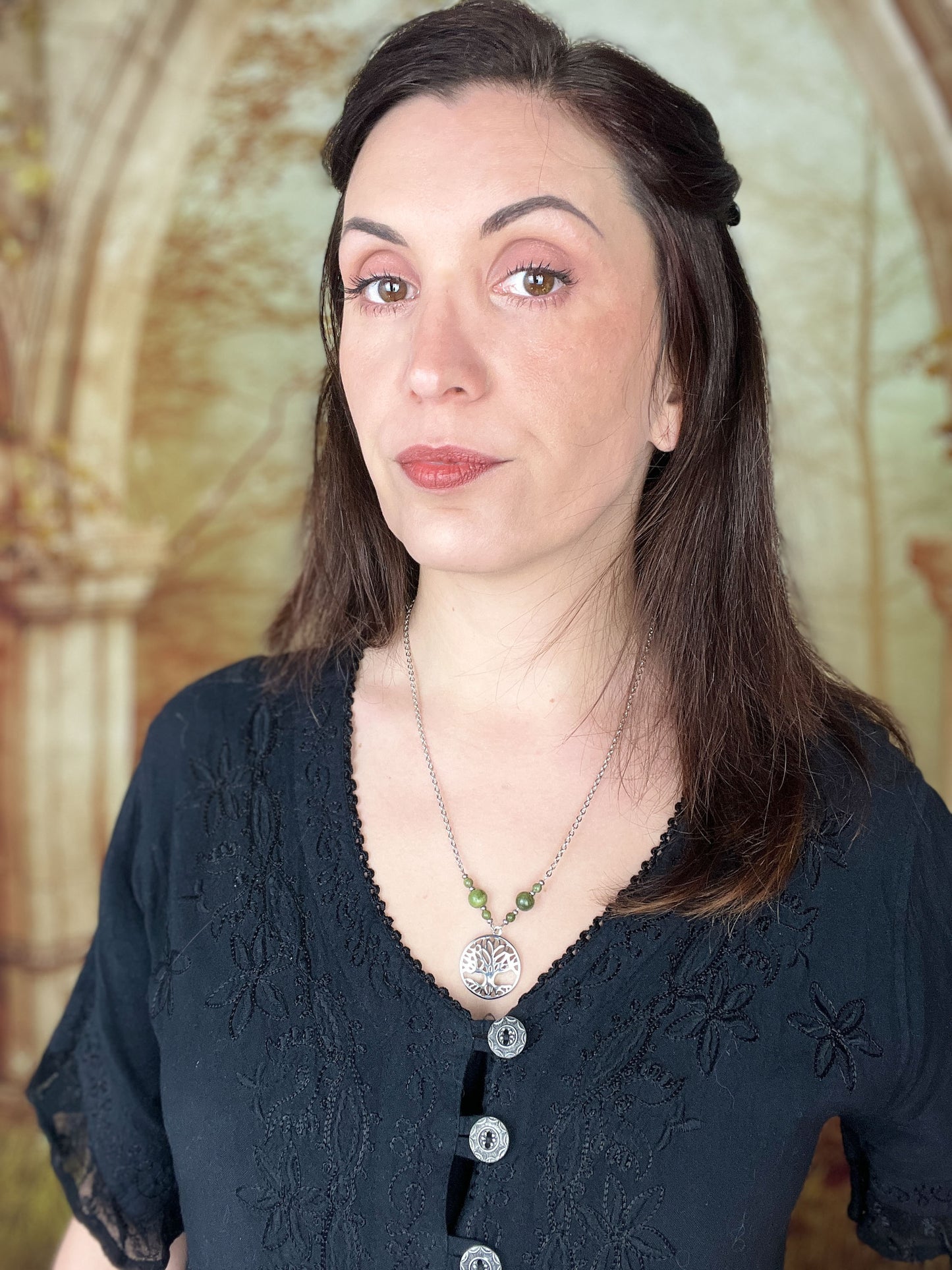 Tree of life pendant necklace, Green Jade beads and stainless steel Baguette Magick