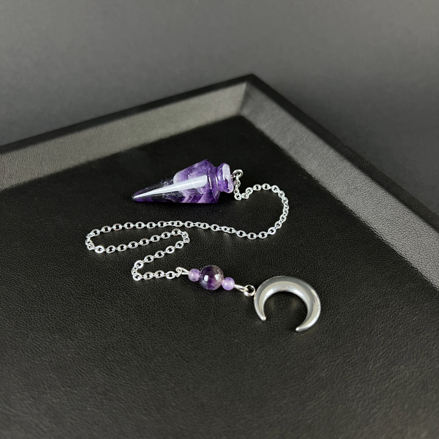 Amethyst and stainless steel Moon crescent pendulum Baguette Magick