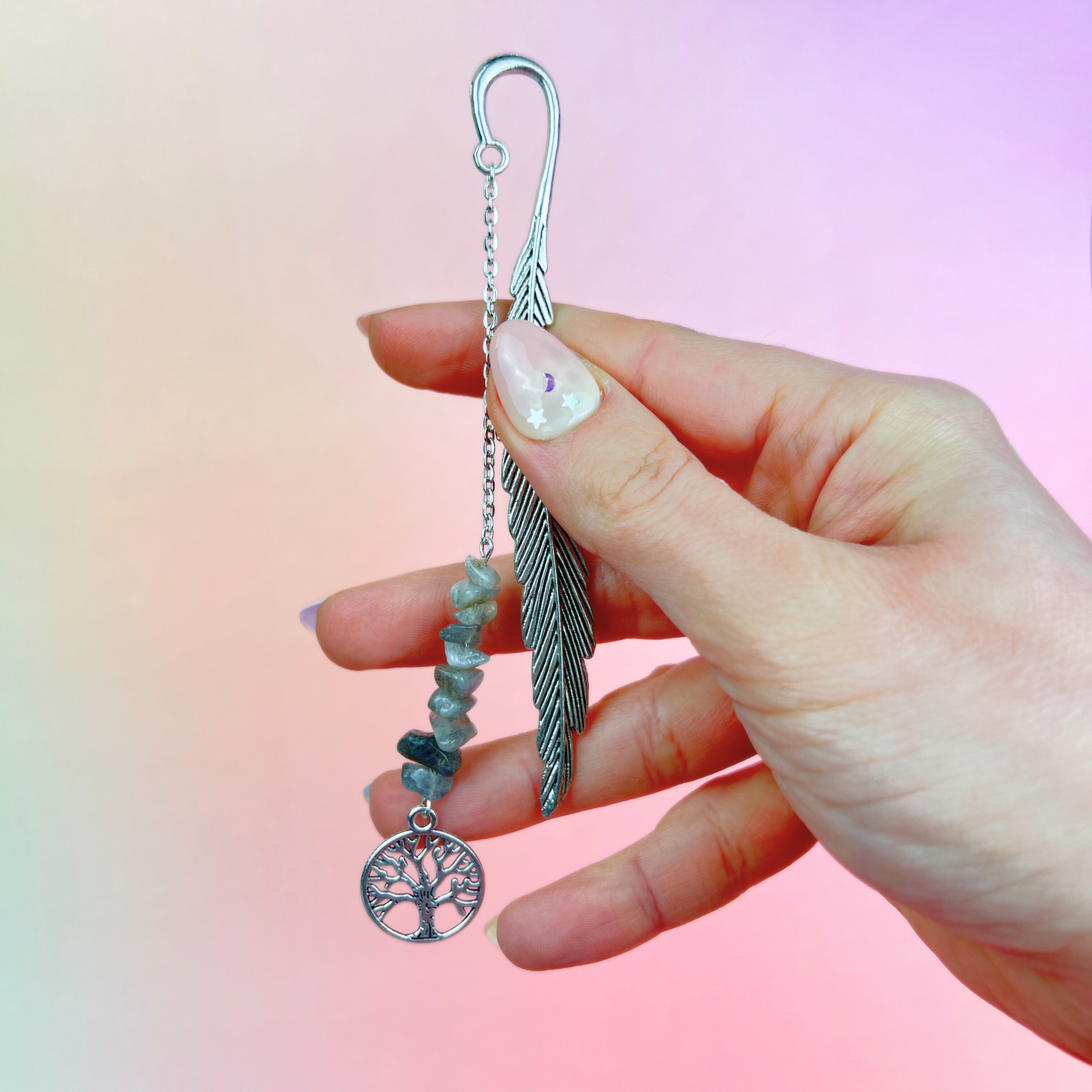 Big bookmark for your grimoire, book, journal, with gemstones and charms Baguette Magick