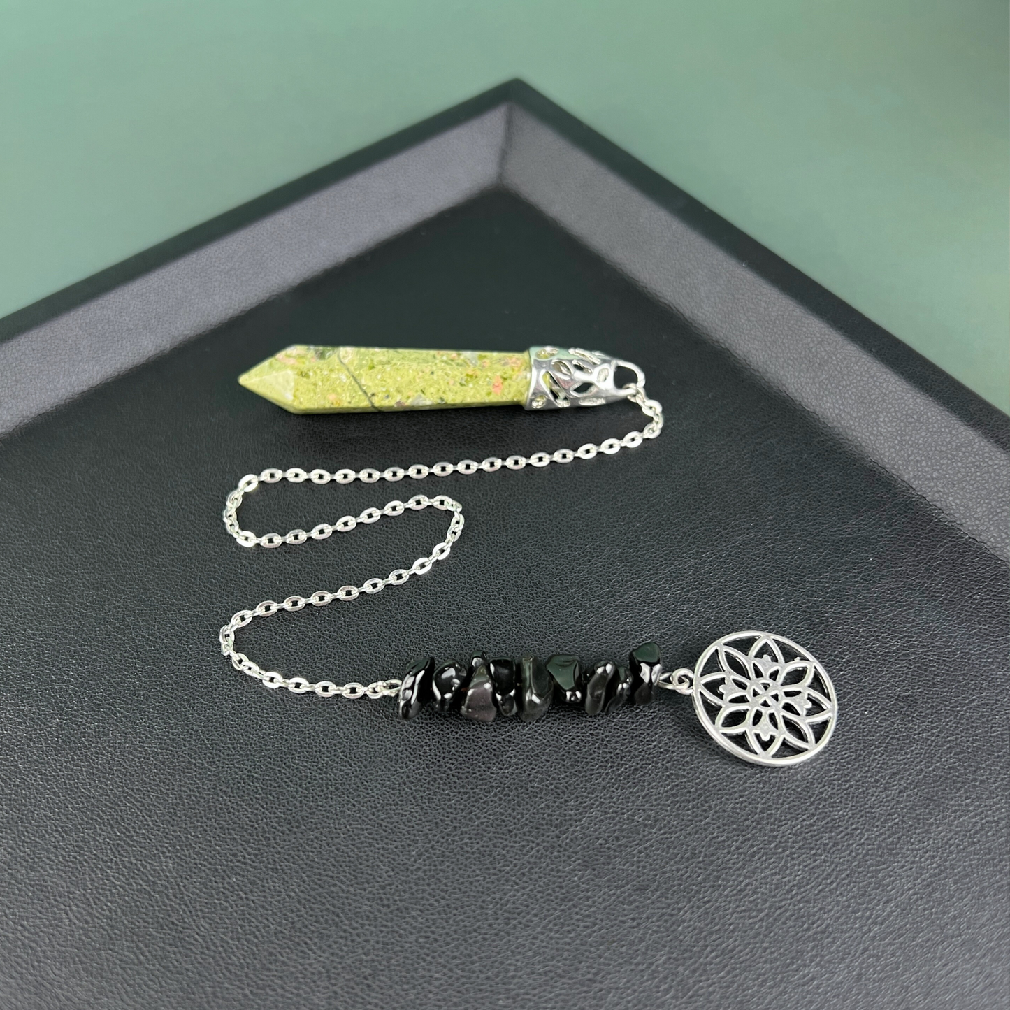 Unakite and obsidian beads geometric flower pendulum Baguette Magick