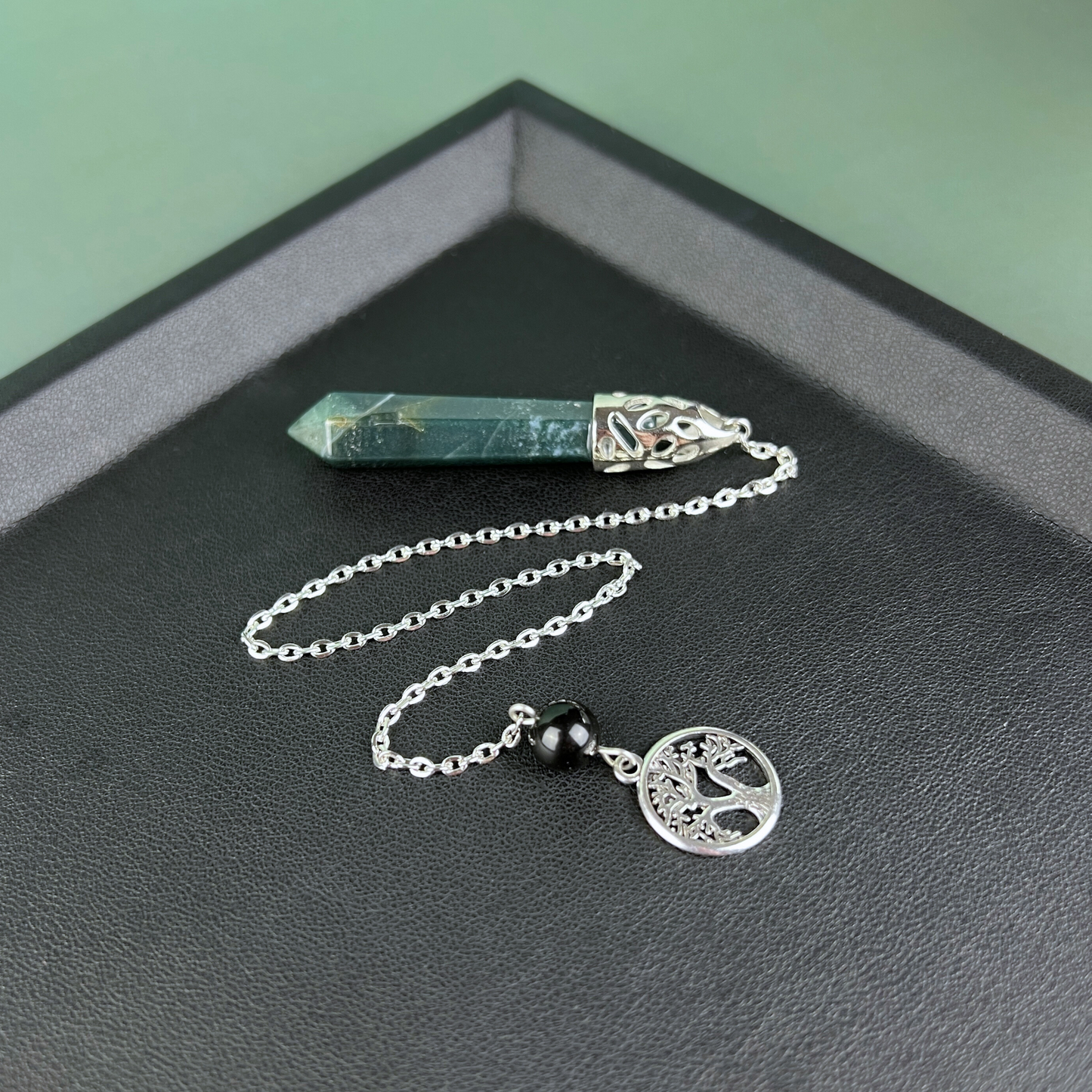 Moss agate, obsidian and tree of life dowsing pendulum Baguette Magick