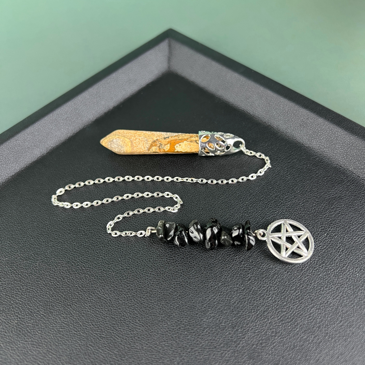 Picture jasper and raw obsidian pentacle pendulum Baguette Magick