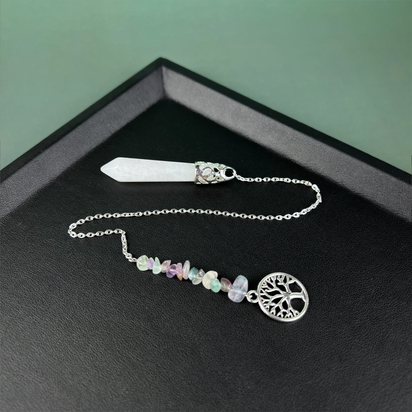 Clear quartz, fluorite and tree of life pendulum Baguette Magick