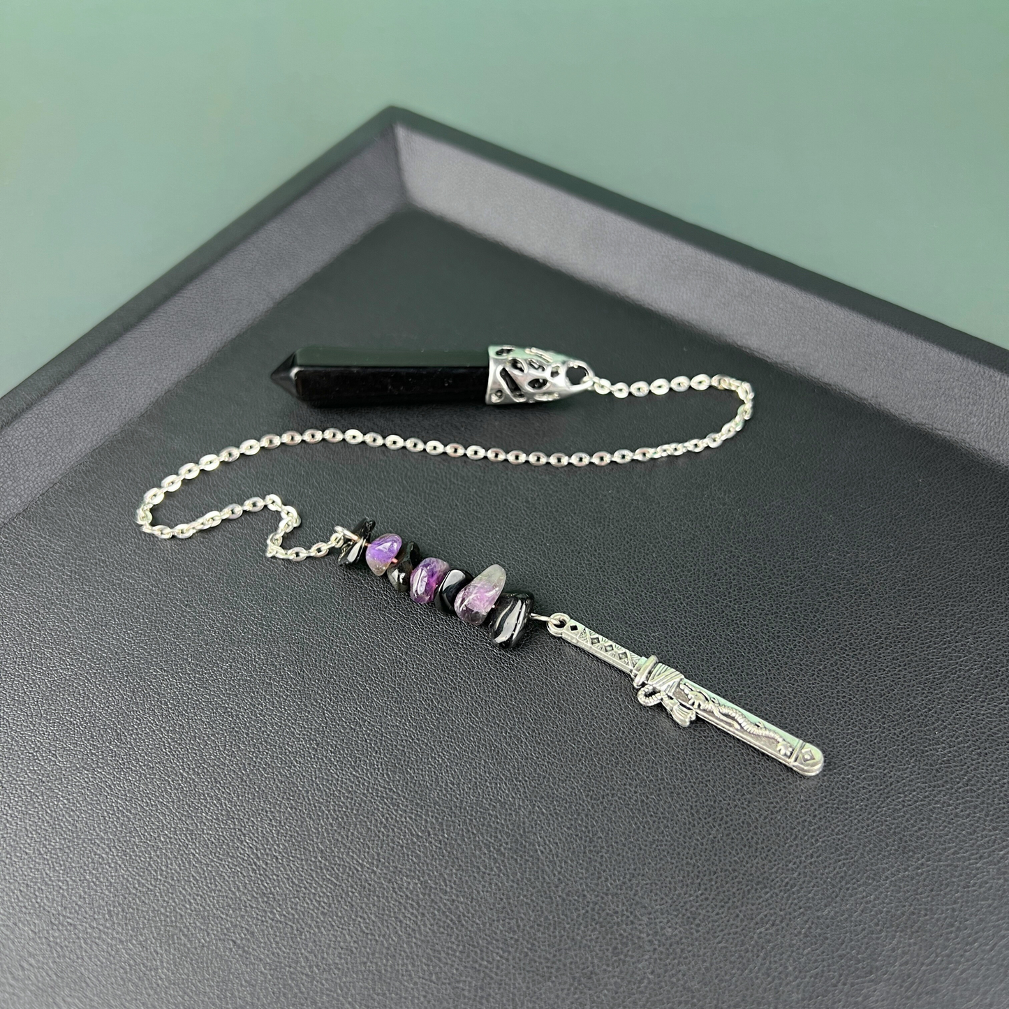 Onyx, obsidian and amethyst pendulum with a tanto dagger charm Baguette Magick