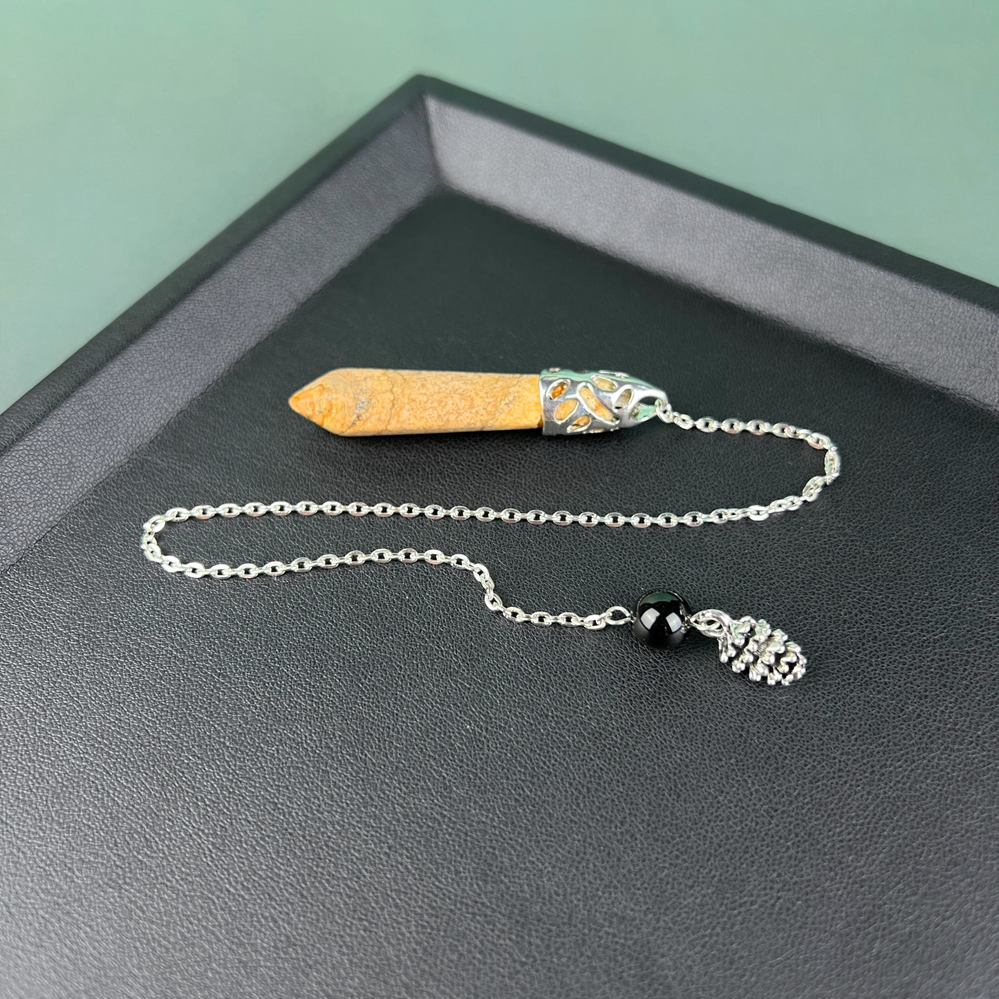 Picture jasper and raw obsidian pinecone pendulum Baguette Magick