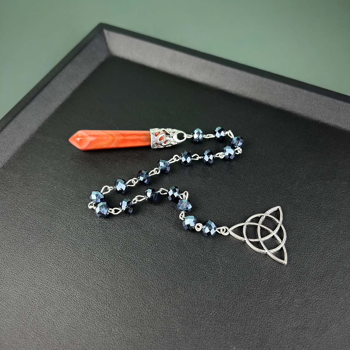 Carnelian gemstone pendulum, rosary chain and triquetra charm Baguette Magick