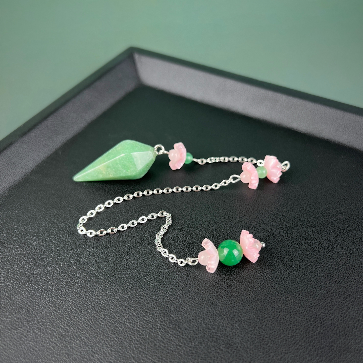Aventurine and rose quartz sakura flower pendulum, stainless steel Baguette Magick
