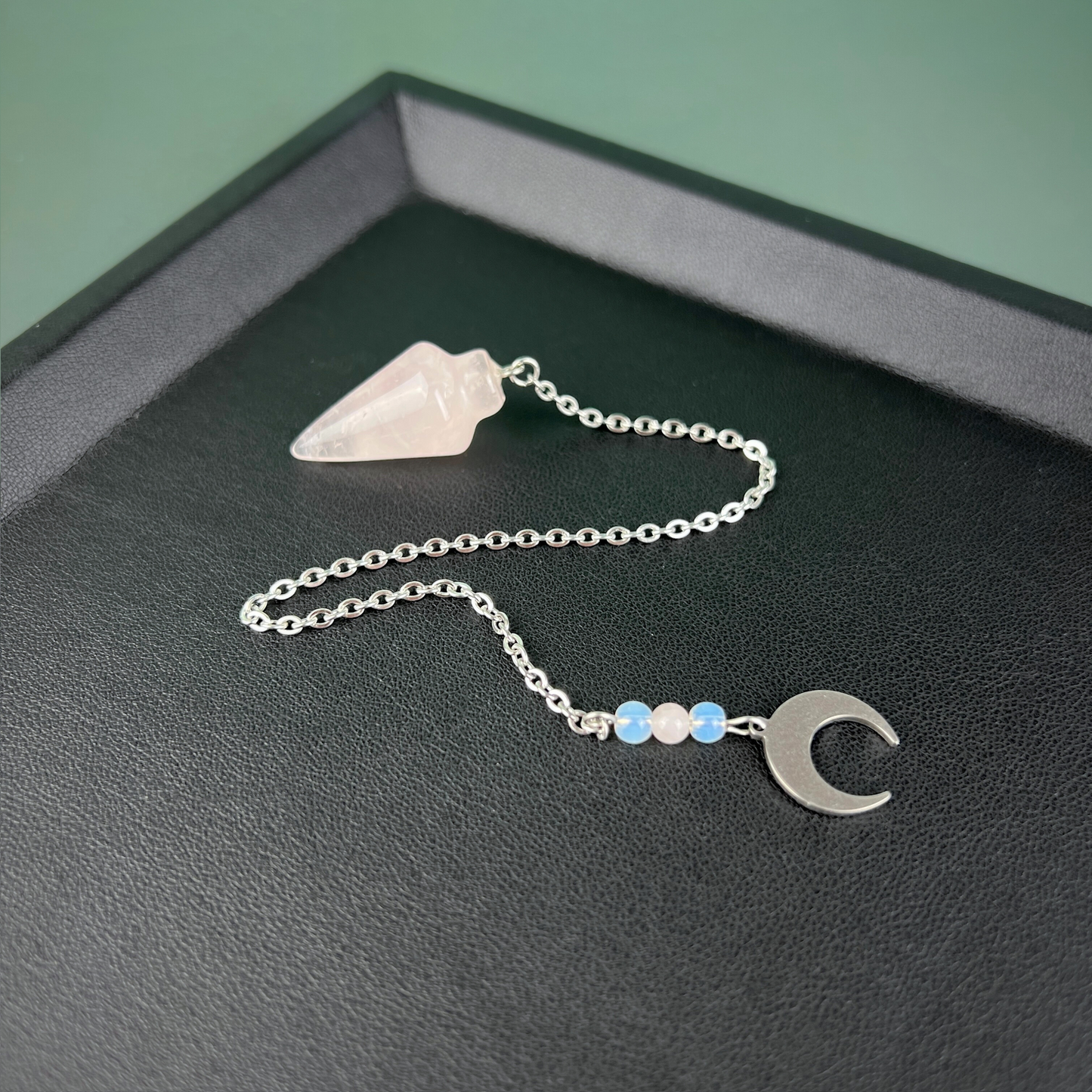 Rose quartz and opalite dowsing pendulum, pocket size, stainless steel, horn charm Baguette Magick
