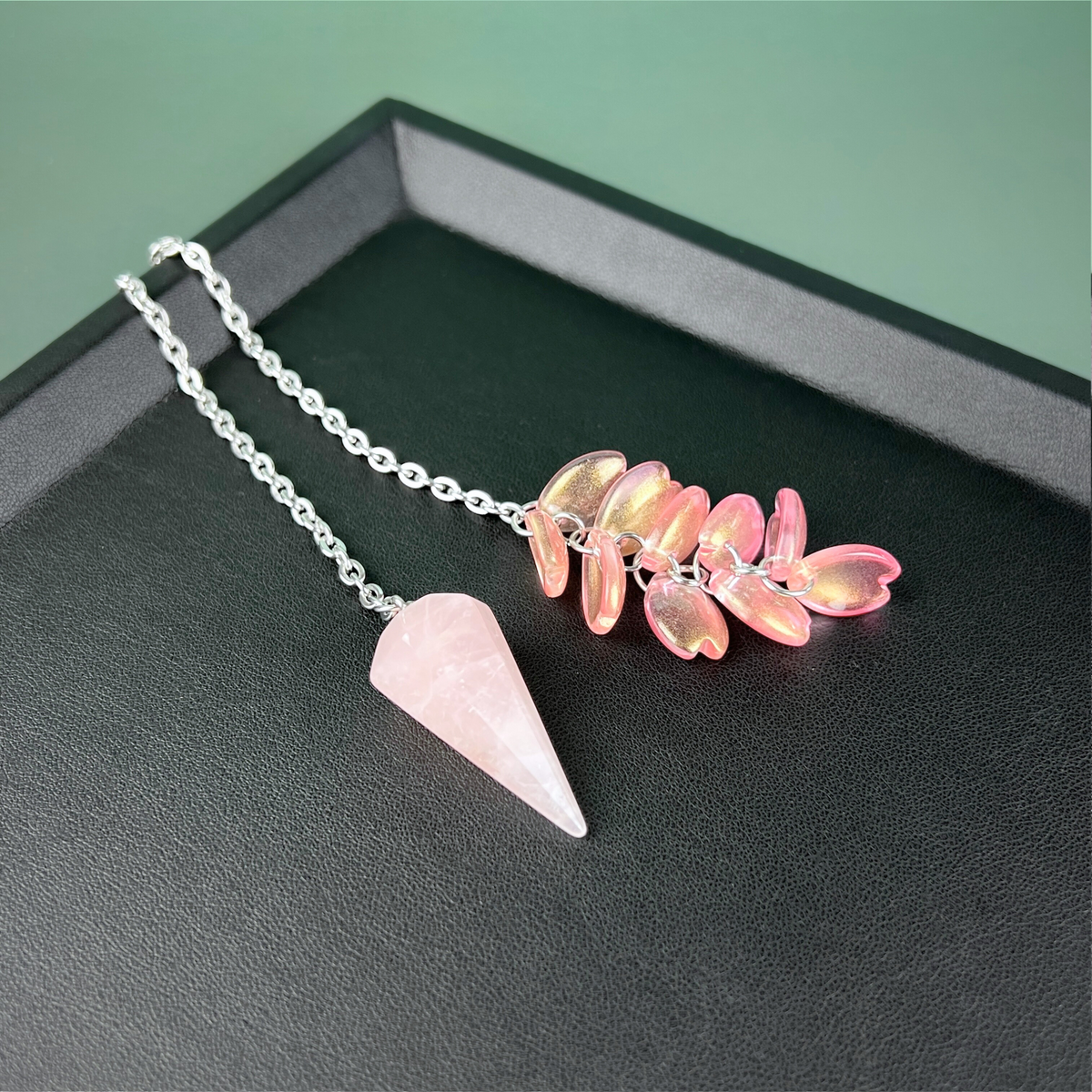 Rose quartz and sakura petals dowsing pendulum, stainless steel Baguette Magick