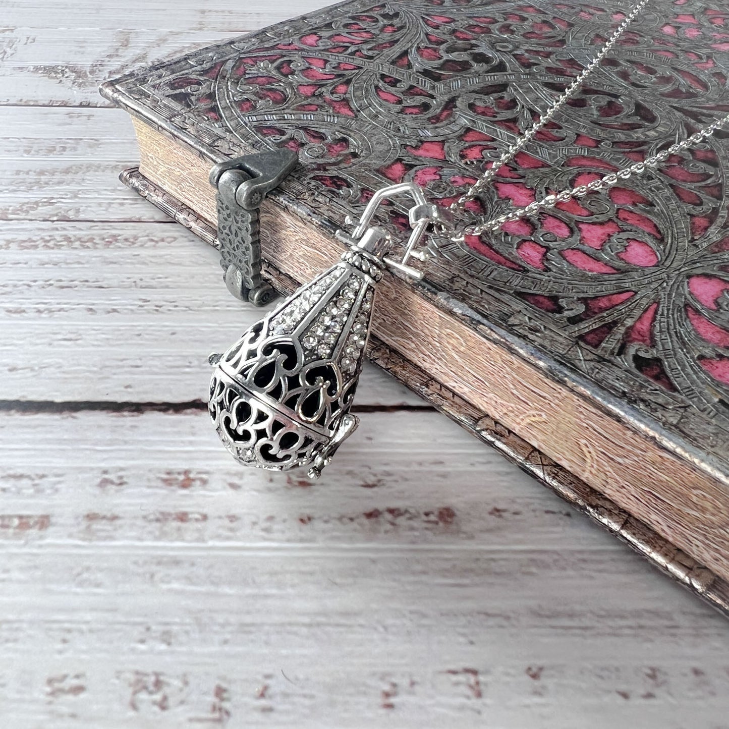 Obsidian gothic locket necklace adorned with rhinestones Baguette Magick