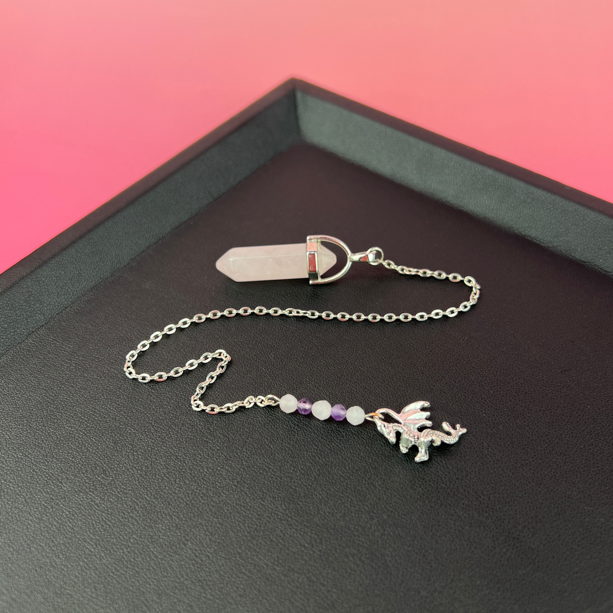 Rose quartz and amethyst dragon dowsing pendulum Baguette Magick