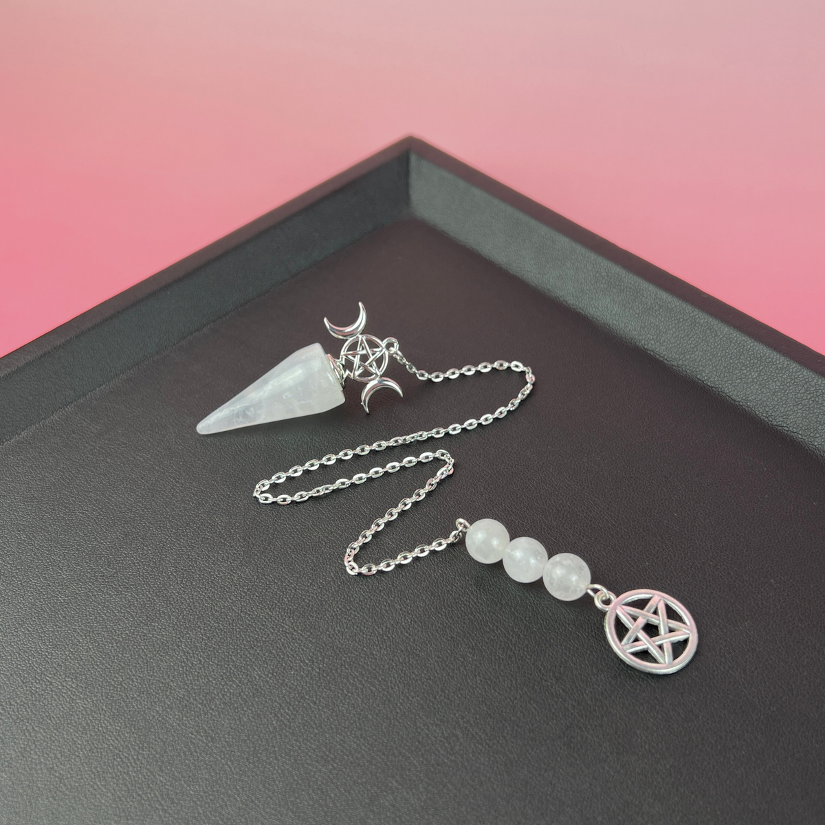 Triple Moon and Pentacle dowsing pendulum clear quartz or amethyst Baguette Magick
