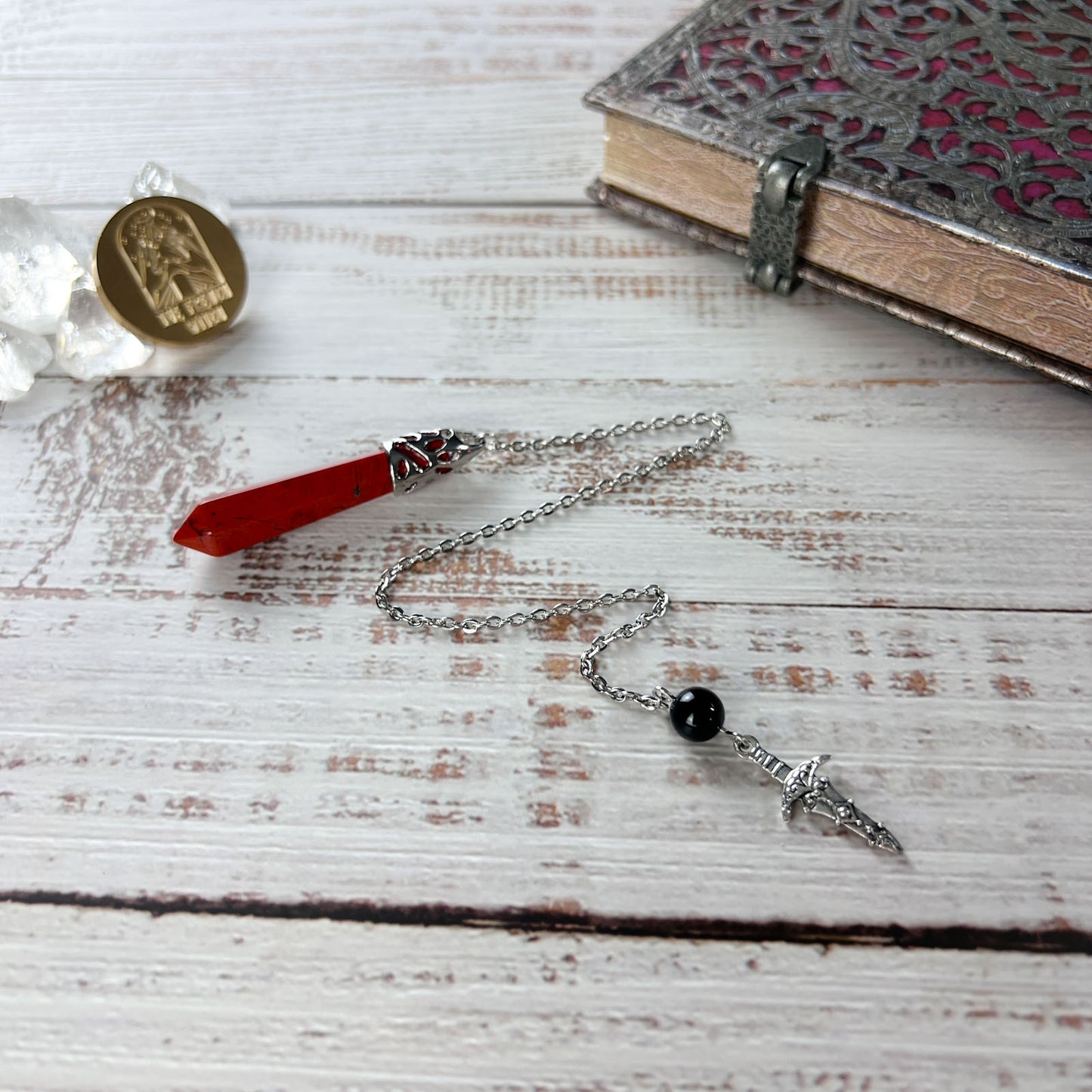 Red jasper pendulum gemstone pendulum obsidian bead dagger charm divination and dowsing tool
